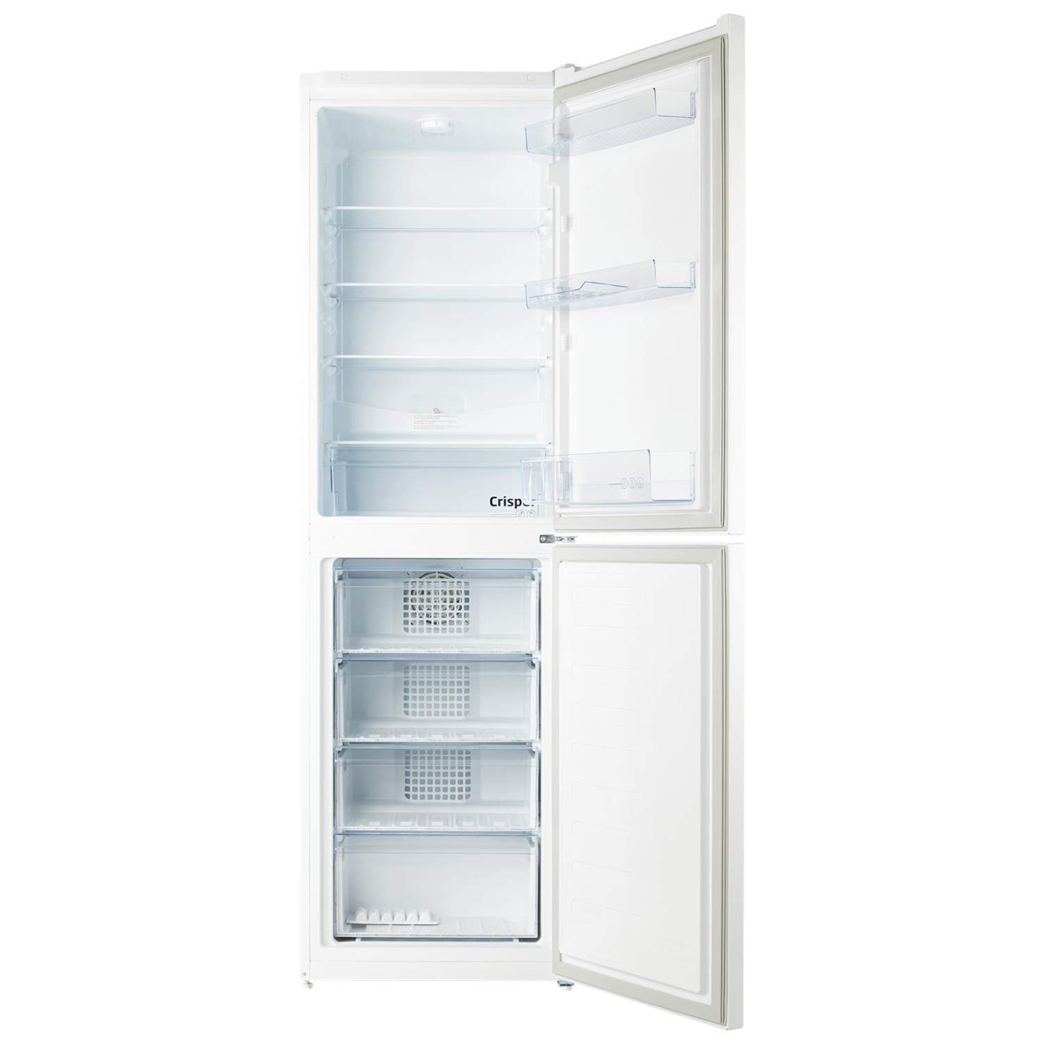 White fridge freezer, open. Upper door open, with shelves. Lower door open with drawers.