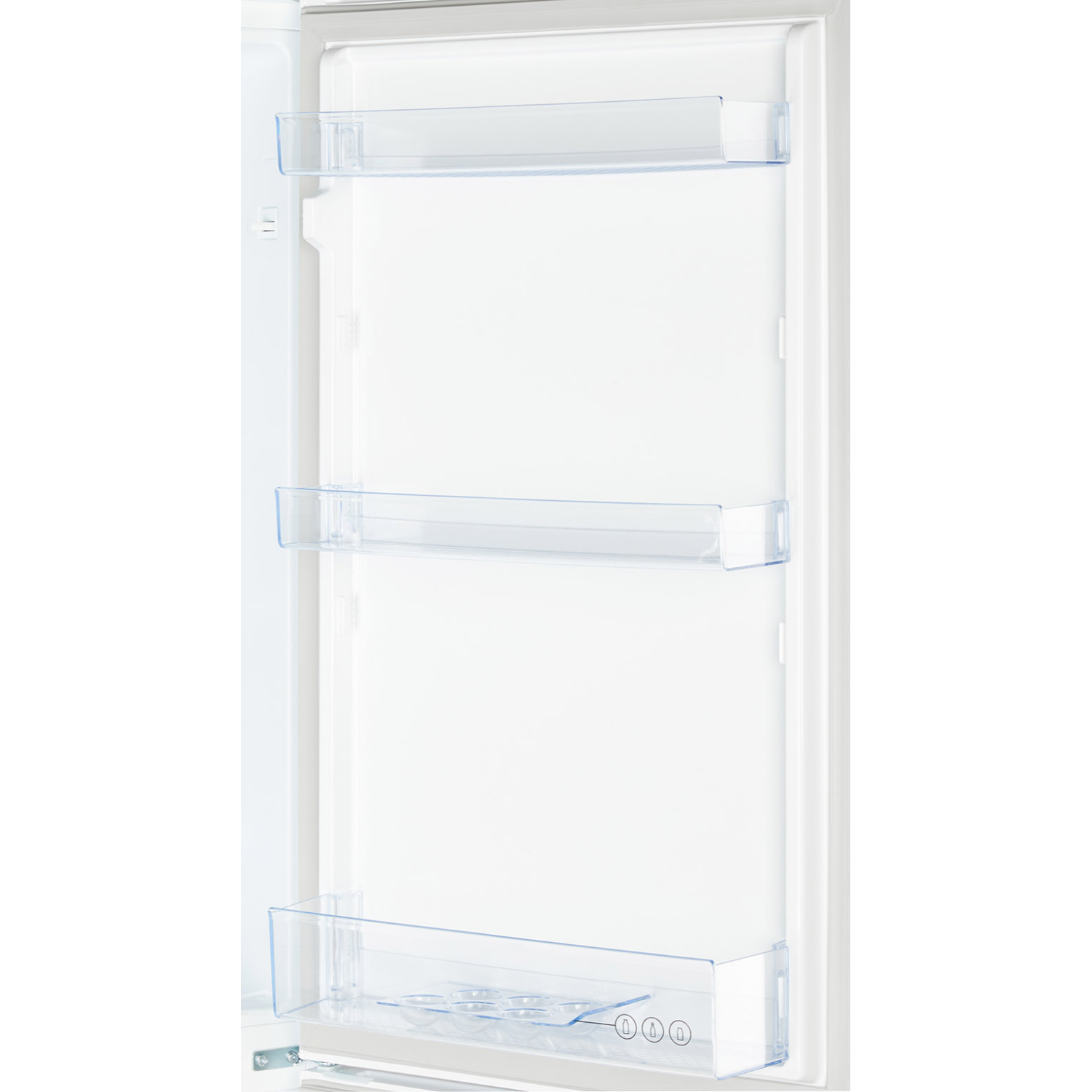 Refrigerator interior with shelves and clear plastic containers.