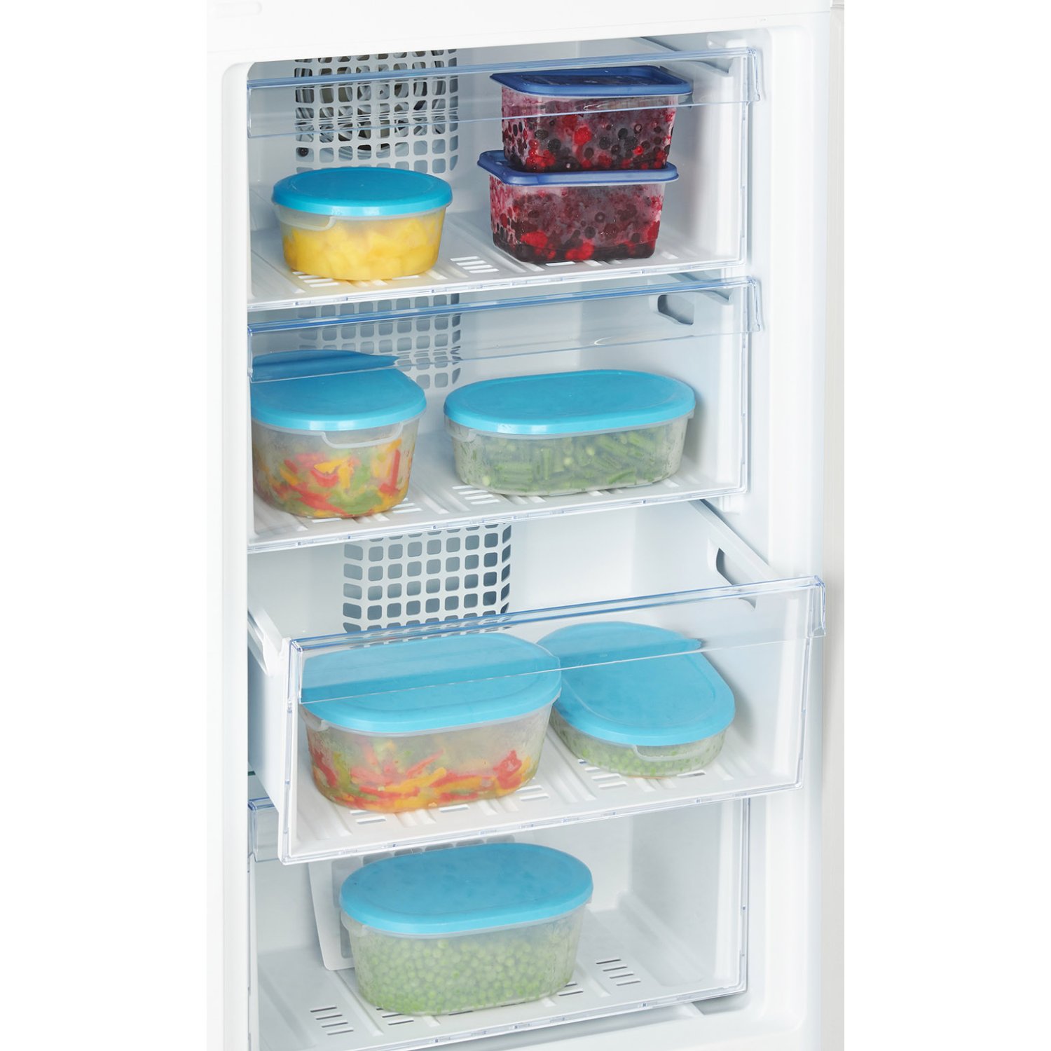 Freezer interior filled with food containers. Various foods are stored on different shelves.