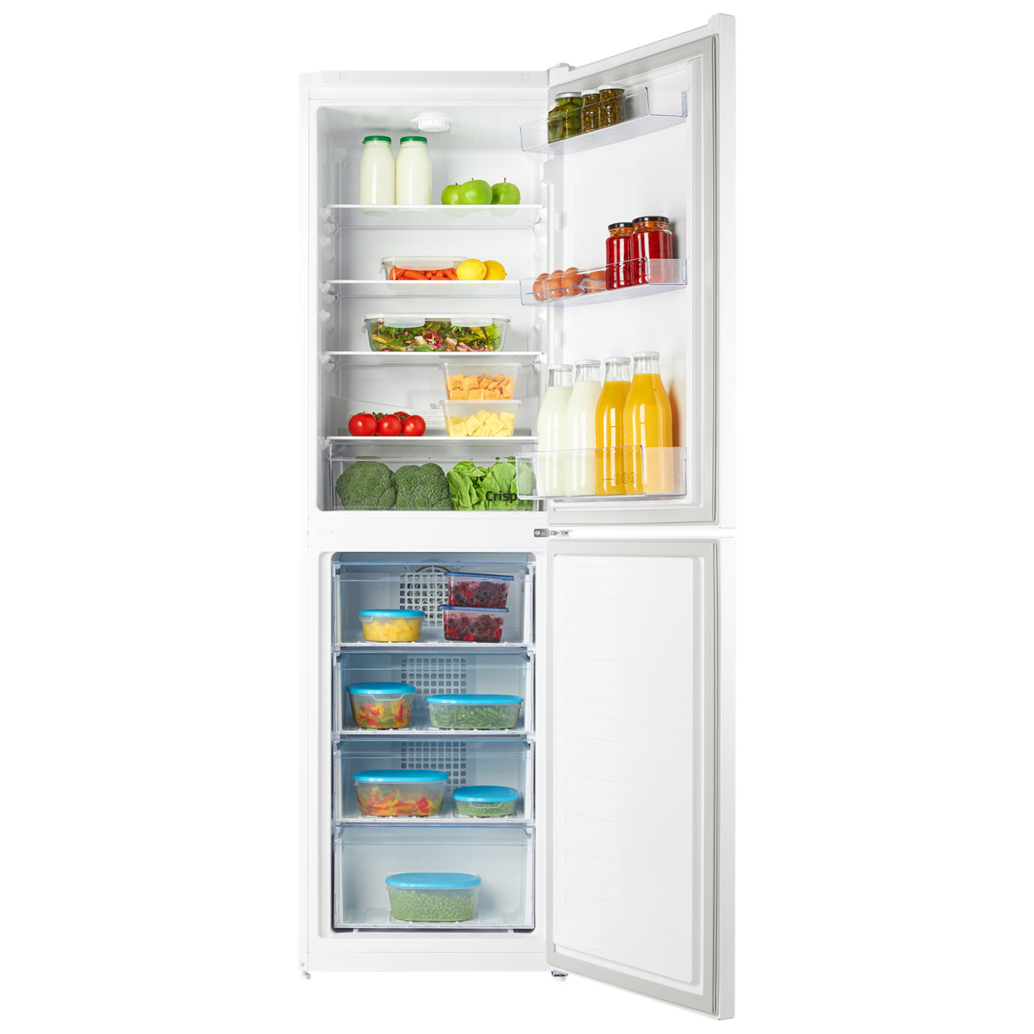 Open white refrigerator with shelves filled with food items such as vegetables, fruits and drinks.