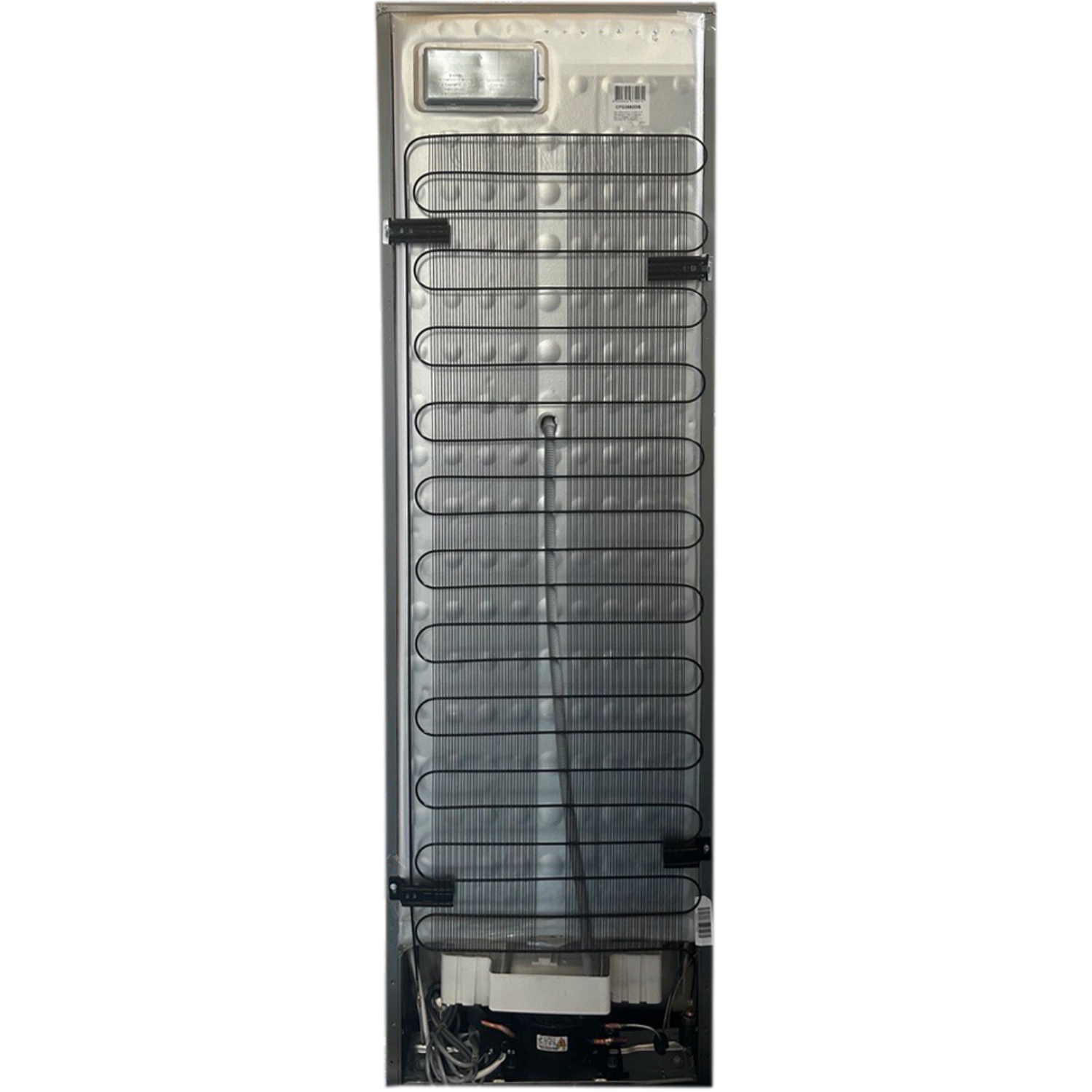 Back of a refrigerator. Features a cooling system with black pipes and silver panels.