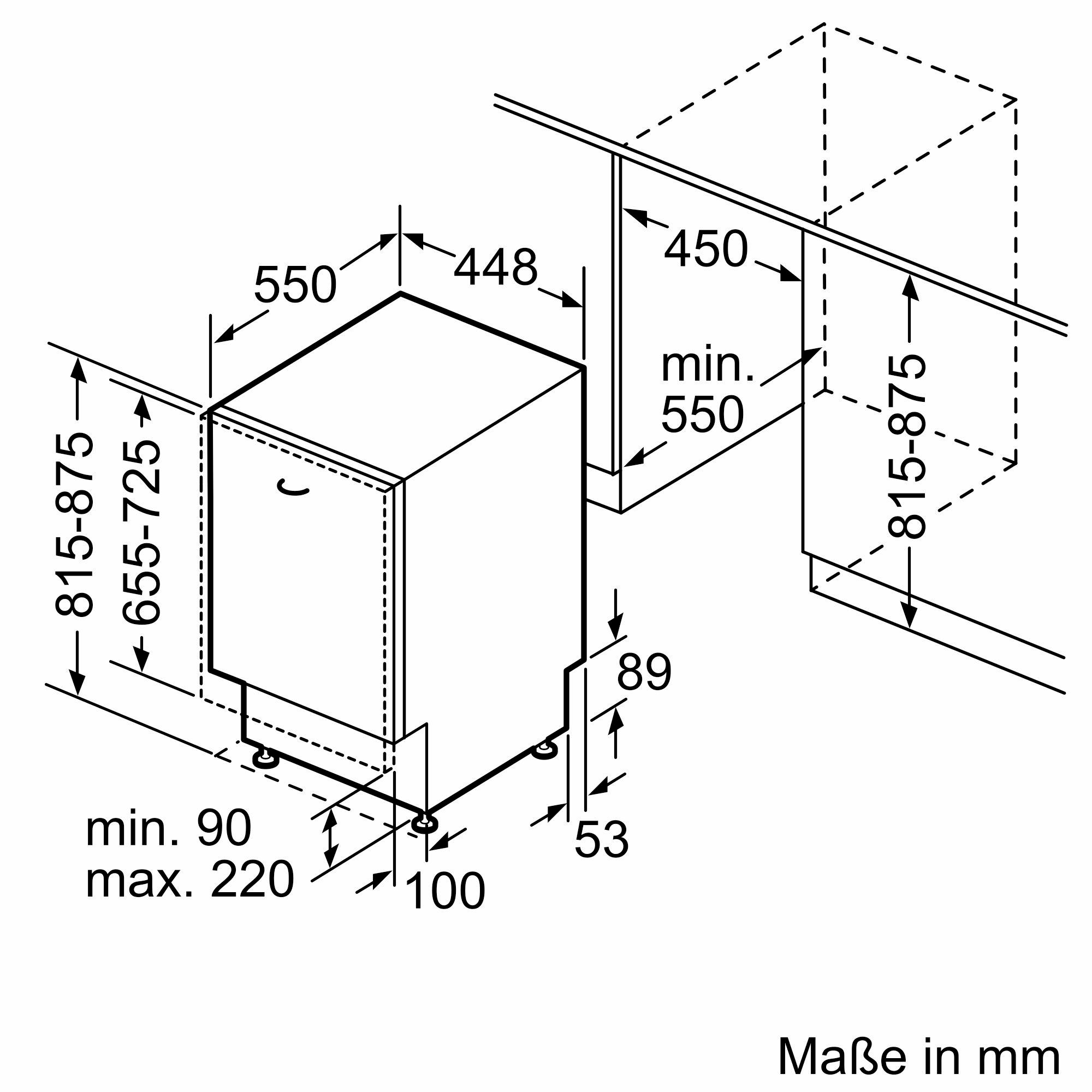 Diagramm eines Einbaugeschirrspülers, das Abmessungen und Installationsanweisungen in schwarzen Linien zeigt.