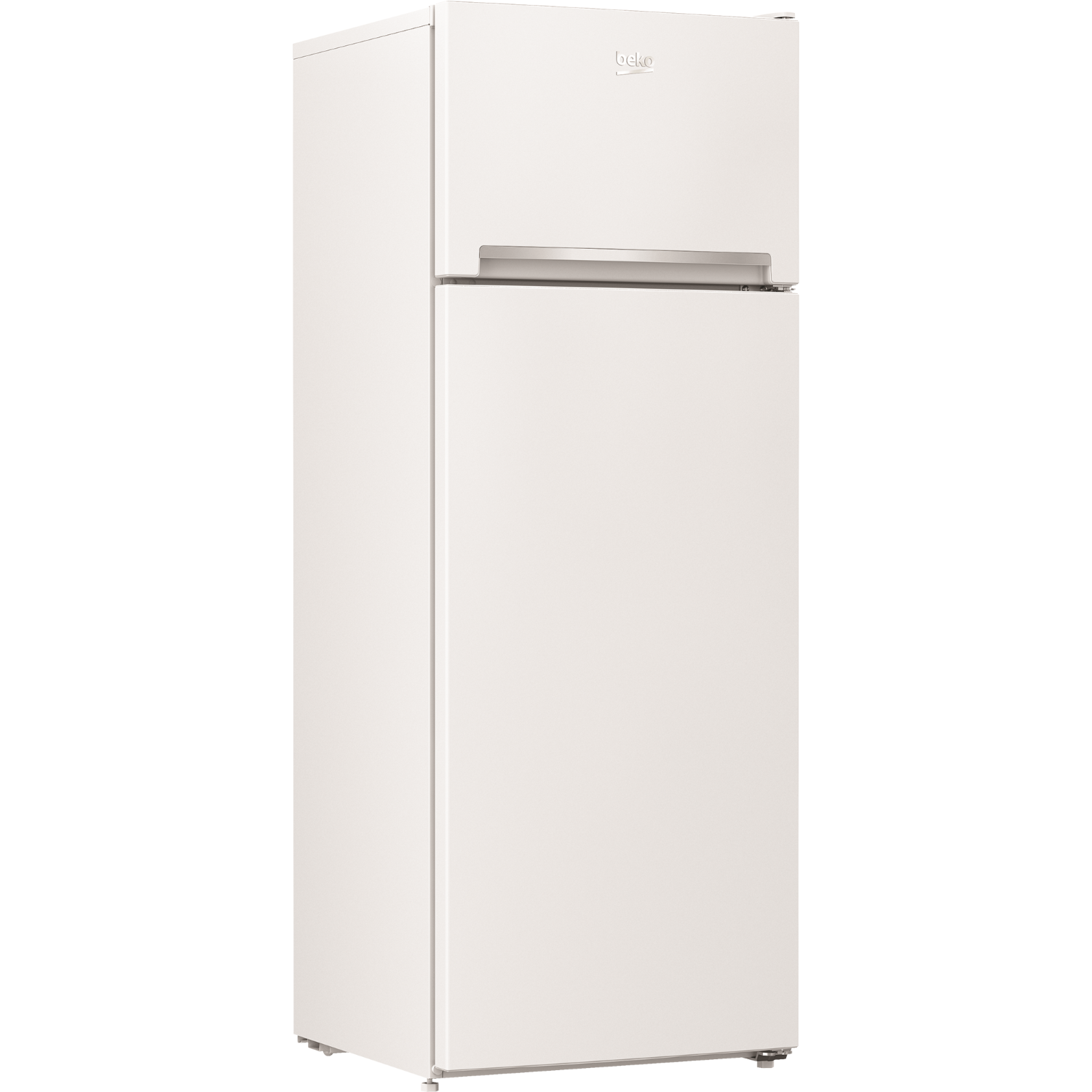 White refrigerator, two doors, freezer at the top and refrigerator at the bottom.