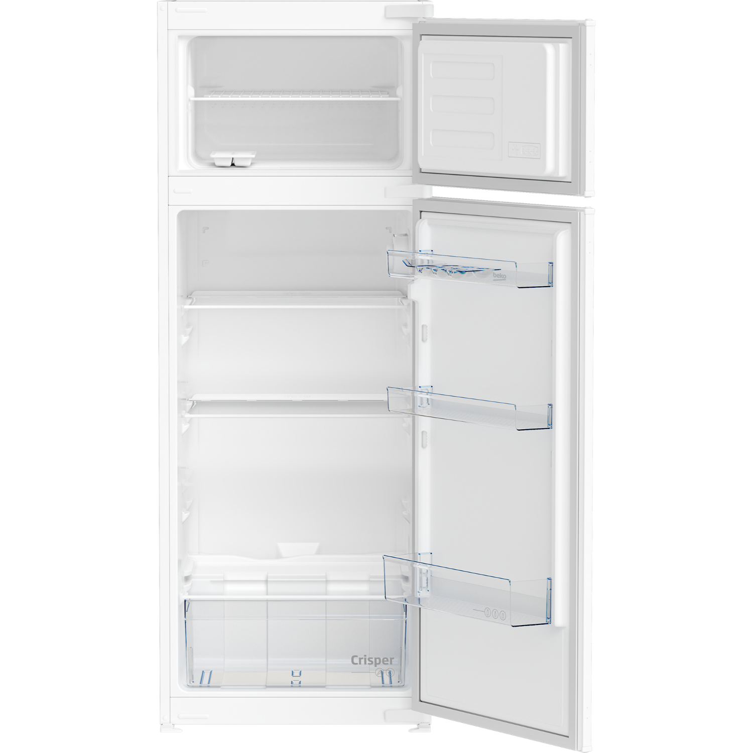 White refrigerator with open doors, revealing shelves and compartments. Freezer door is open. Background is plain.