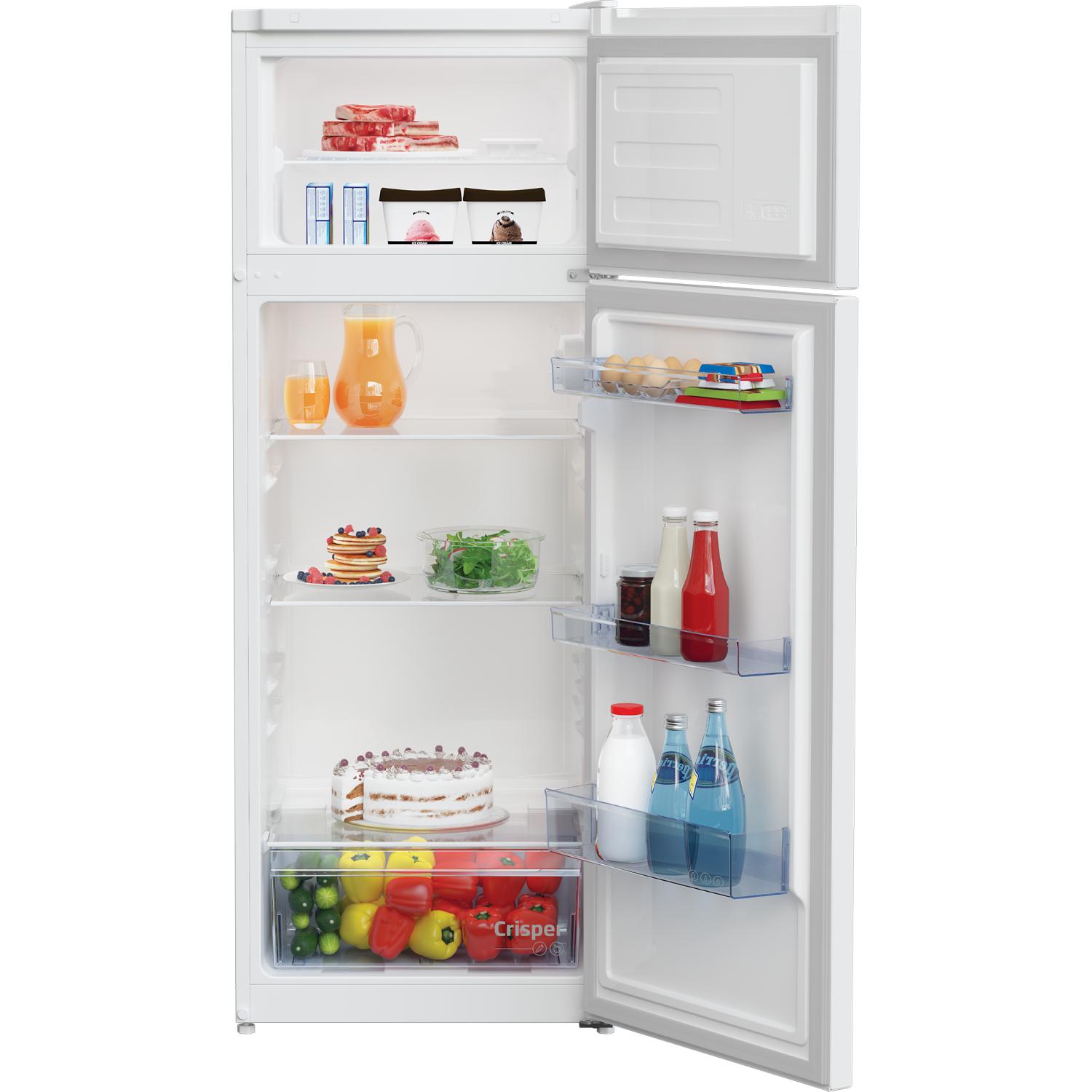 White refrigerator interior with food items displayed.