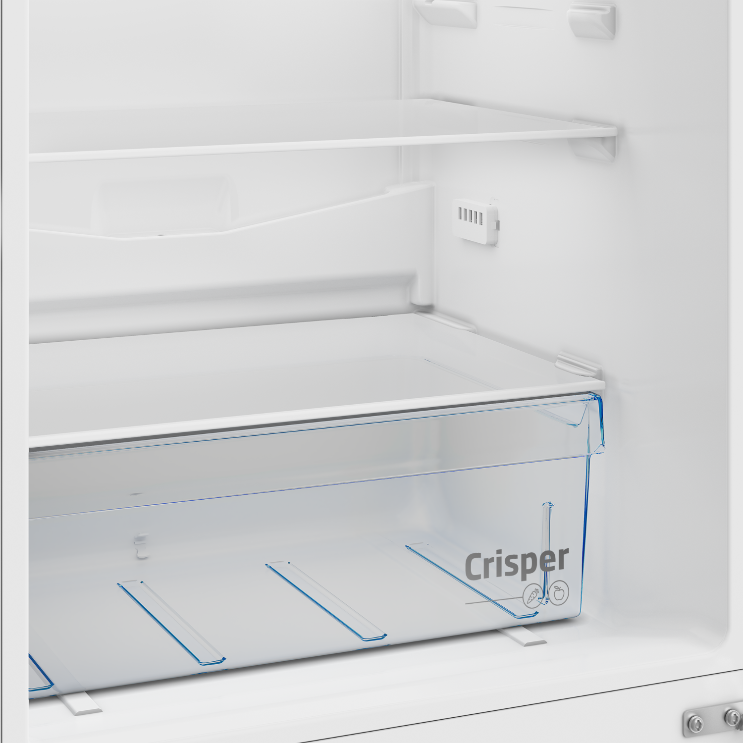 An empty white refrigerator crisper drawer with blue accents.