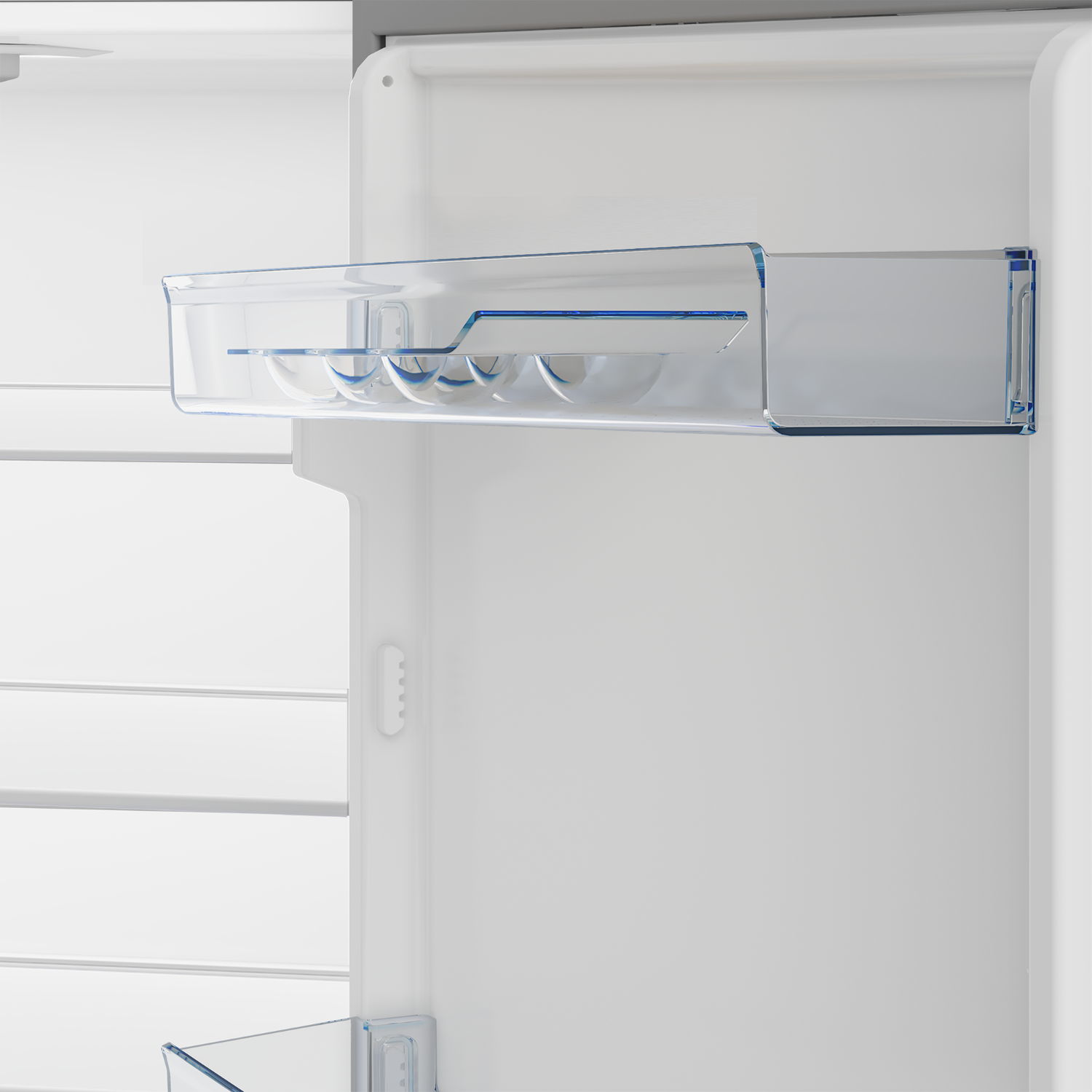Close-up of a refrigerator interior with a shelf holding eggs. White background.