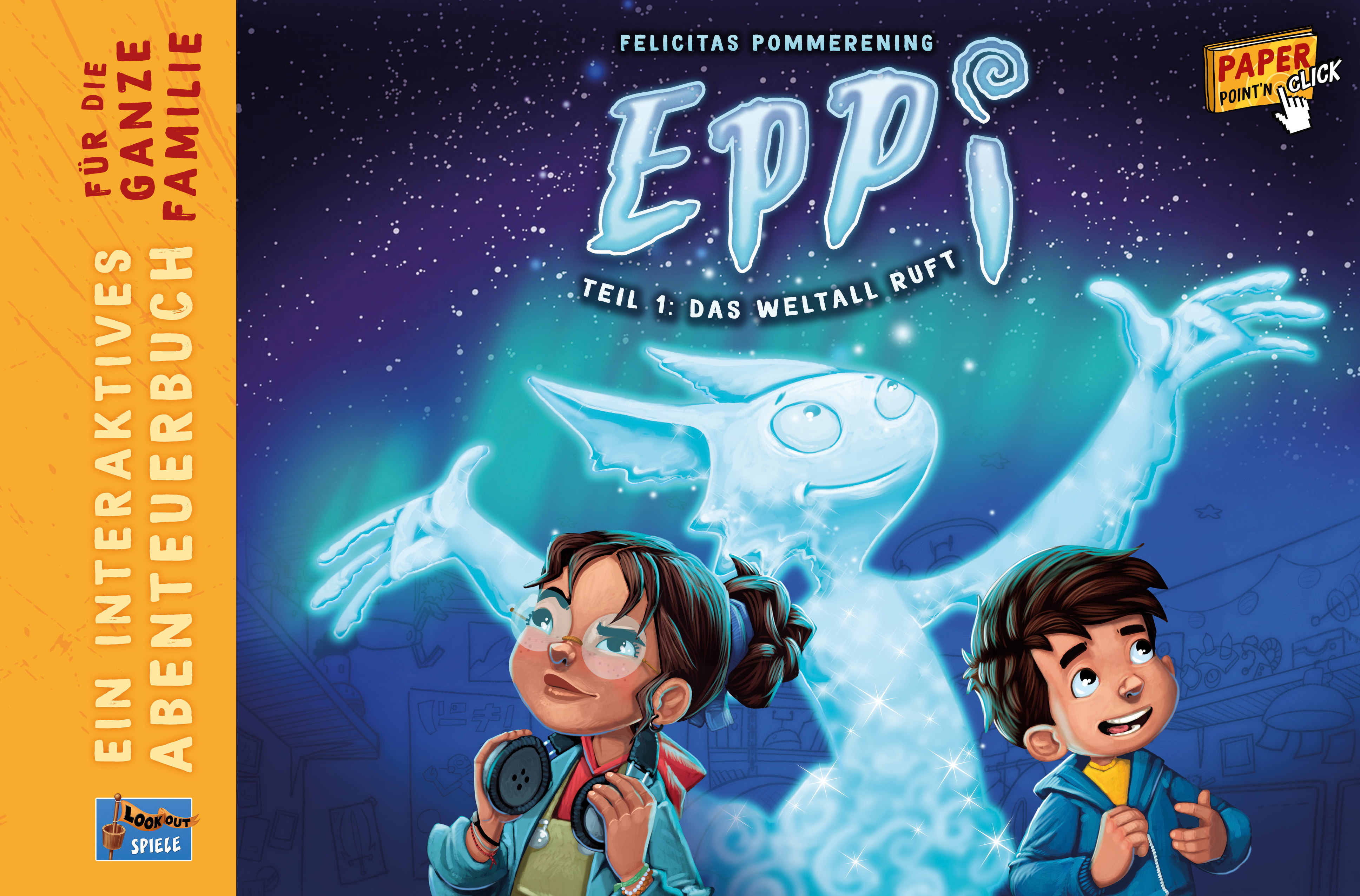 Spielbox-Cover mit zwei Zeichentrickkindern und einer geisterhaften Figur, mit deutschem Text und Logo.