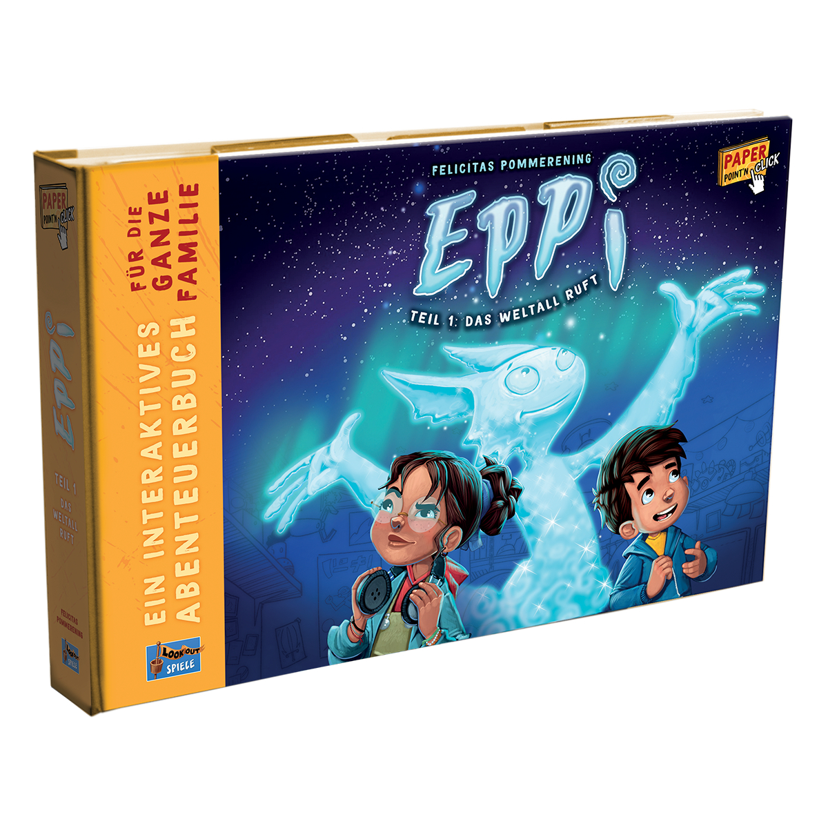 Brettspielbox mit einer Cartoon-Illustration eines Mädchens, eines Jungen und einer geisterartigen Figur.