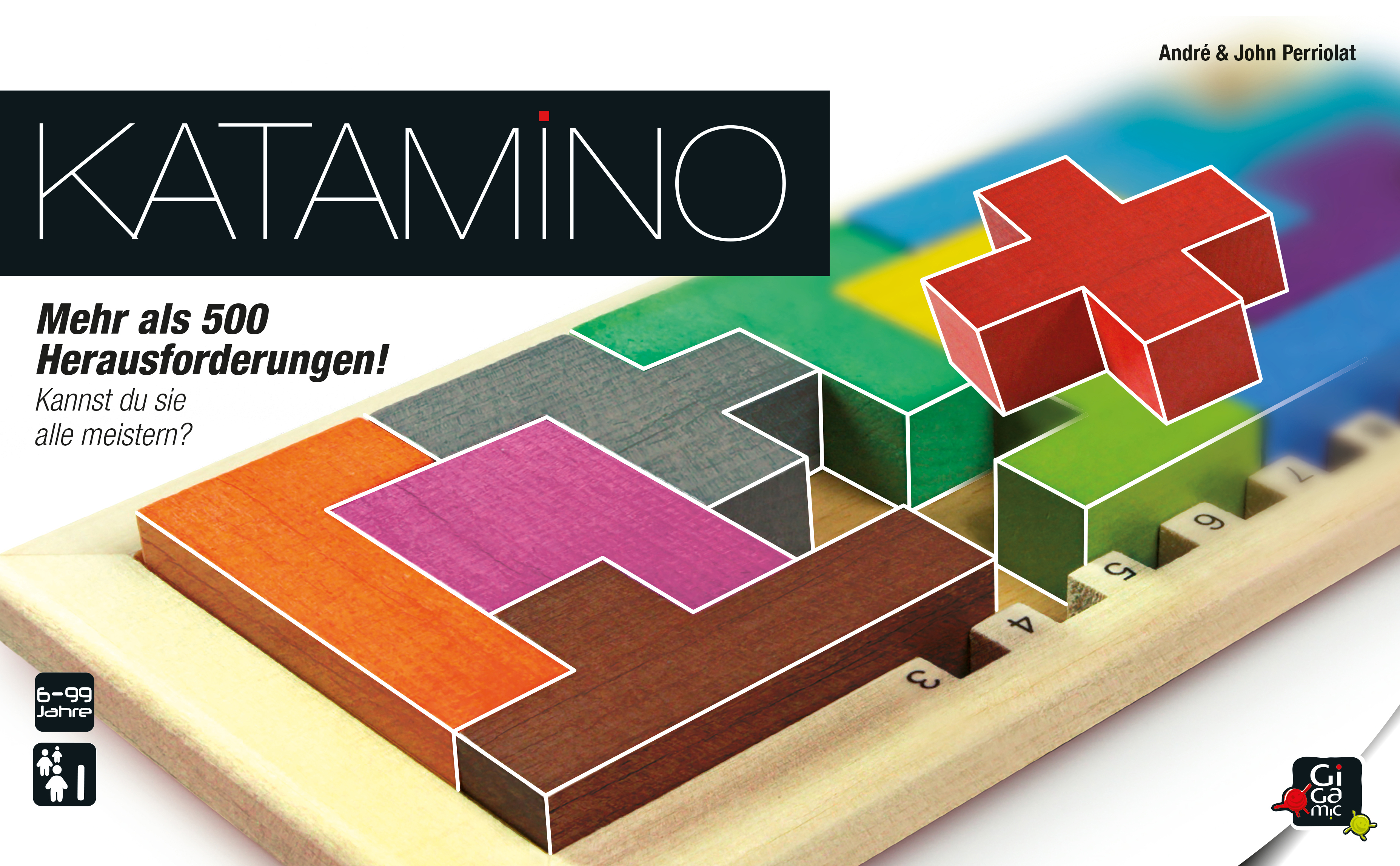 Eine Katamino-Spielbox mit einem Holzbrett und bunten geometrischen Formen.