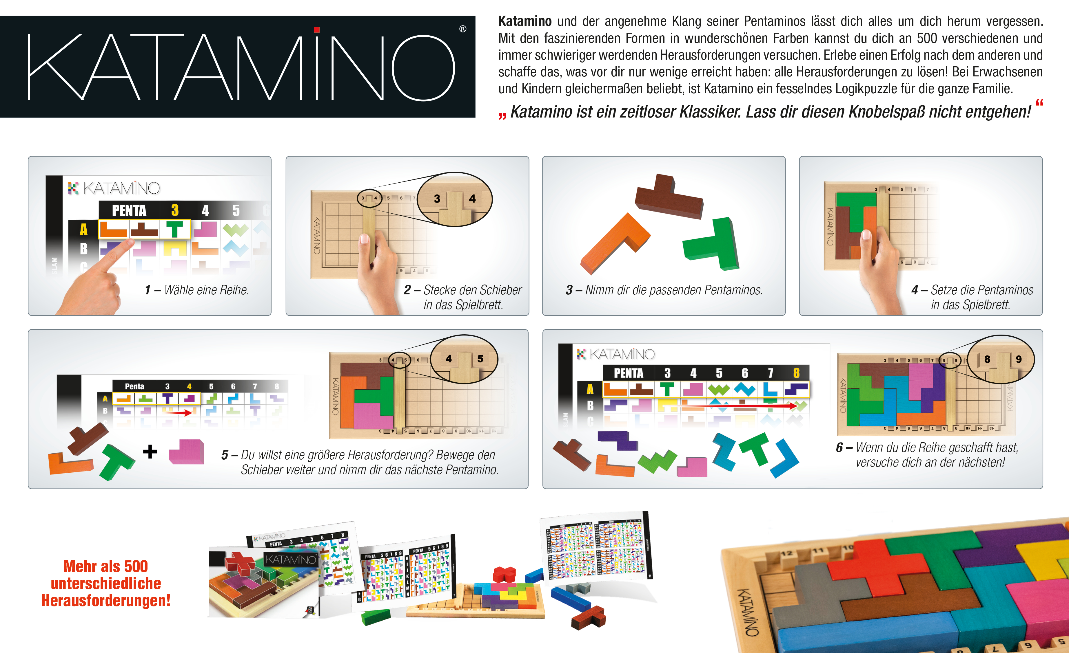 Katamino-Puzzlespiel mit Anweisungen und Beispielen. Das Brett, die Teile und das Spiel werden gezeigt.