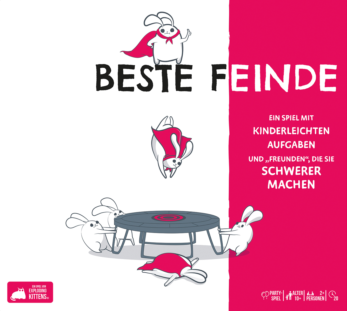 Spielbox mit Cartoon-Hasen, Text 'Beste Feinde' und Illustrationen von Hasen auf einem Trampolin.