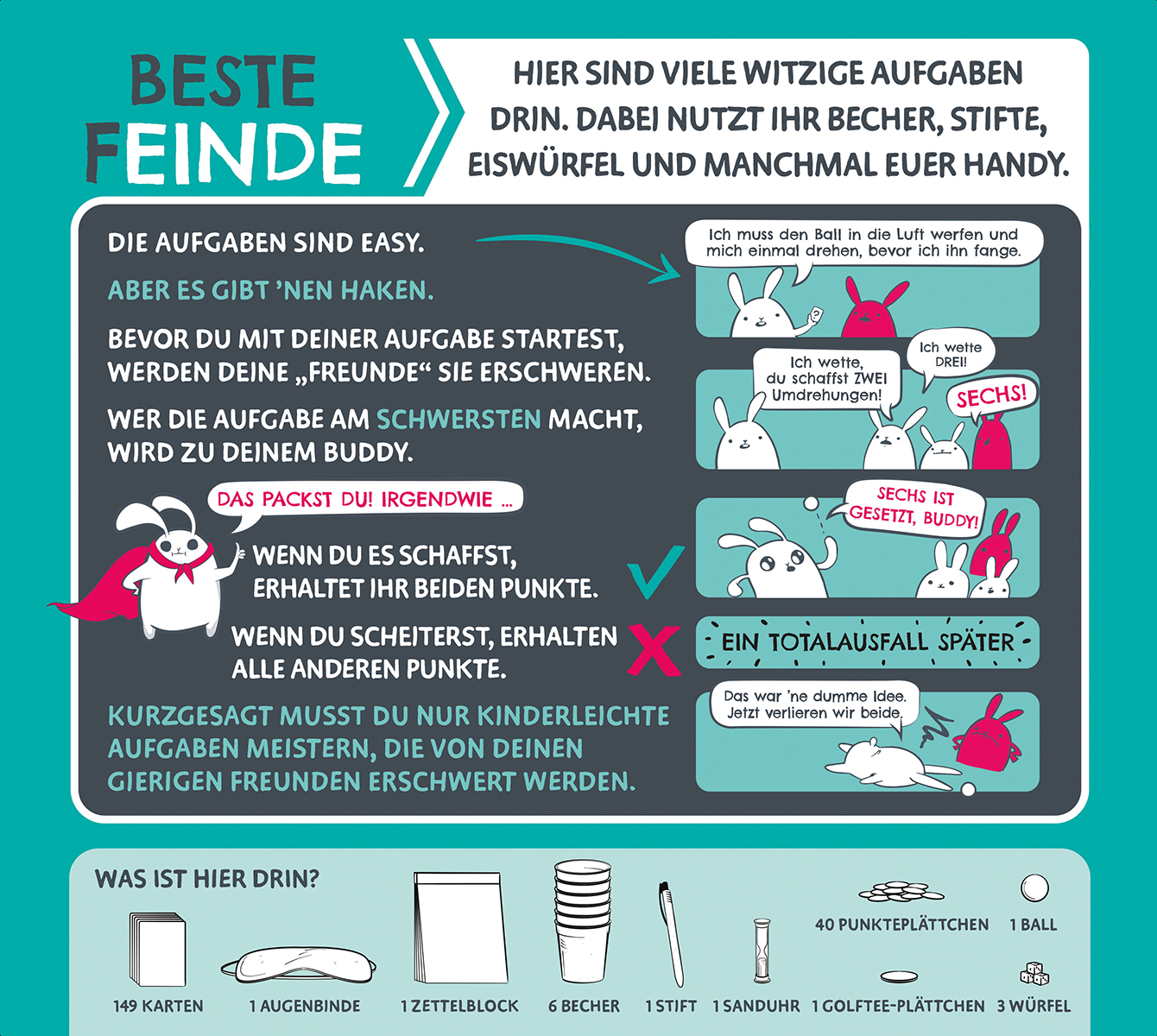 Ein Cartoon mit Kaninchen und Text über ein Spiel. Objekte sind ein Ball, Karten und eine Augenbinde.