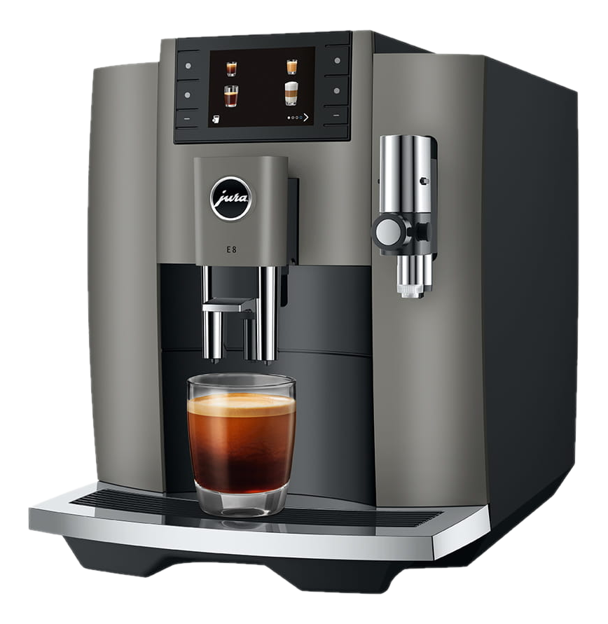 Macchina per caffè espresso con un bicchiere di caffè. Colori grigio e nero.