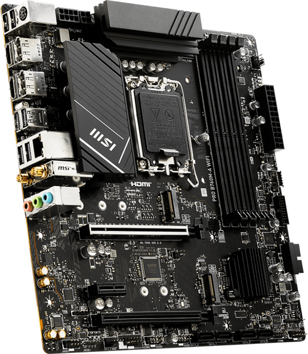 Ein schwarzes Computer-Motherboard mit verschiedenen Anschlüssen und Komponenten. Die Marke MSI ist sichtbar.