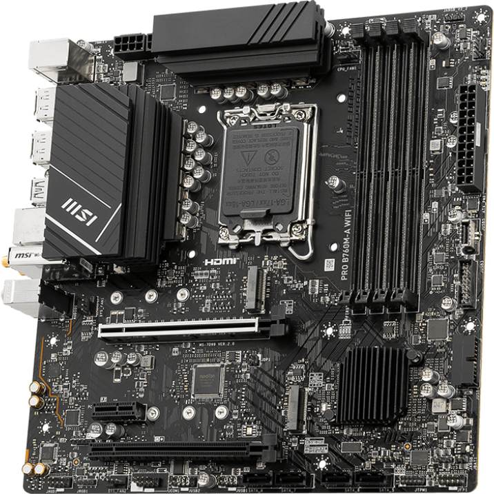 Motherboard. Es hat schwarze Komponenten, einen silbernen Kühlkörper und das MSI-Logo.