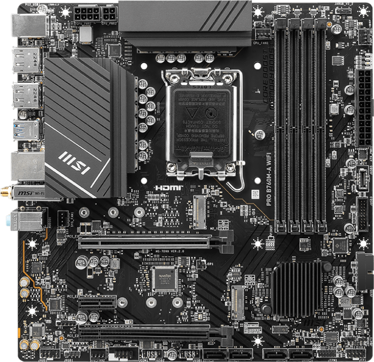 Ein schwarzes Motherboard mit verschiedenen Komponenten, einschließlich Steckplätzen, Anschlüssen und CPU-Sockel.