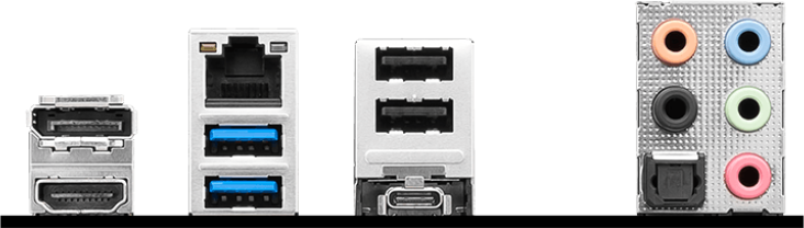 Nahaufnahme von Computeranschlüssen: HDMI, USB, Ethernet und Audioanschlüsse auf schwarzem Hintergrund.