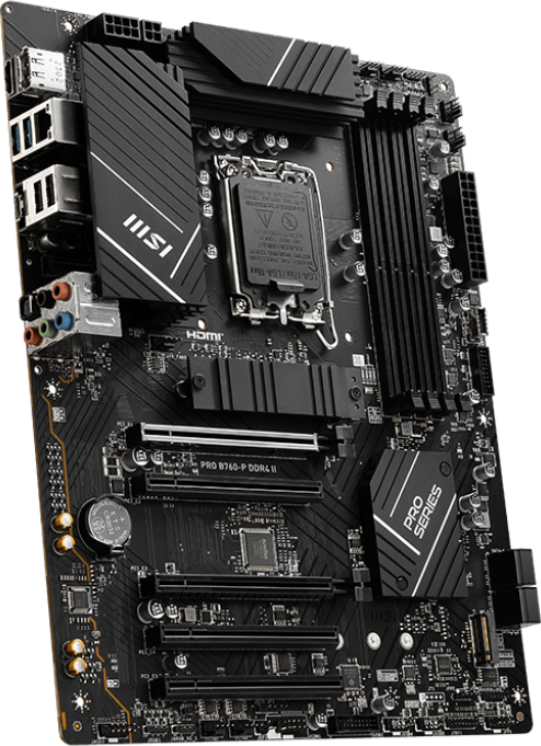 Ein schwarzes MSI-Mainboard mit verschiedenen Komponenten auf schwarzem Hintergrund.