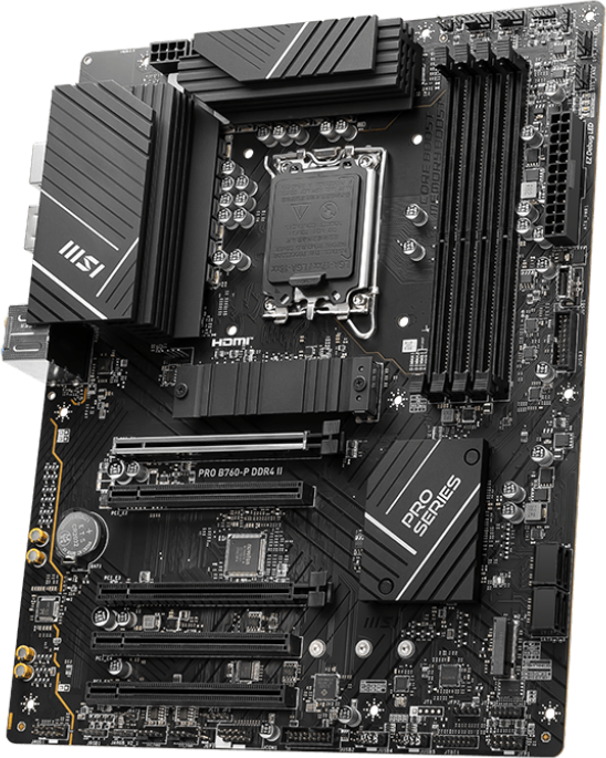 Schwarzes MSI-Motherboard. Verschiedene Komponenten, Steckplätze und Branding sichtbar.