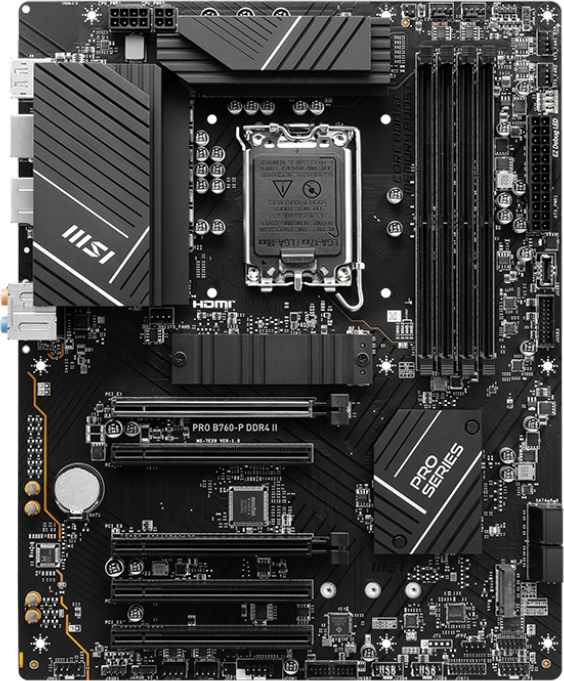 Ein schwarzes Computer-Motherboard mit verschiedenen Komponenten.