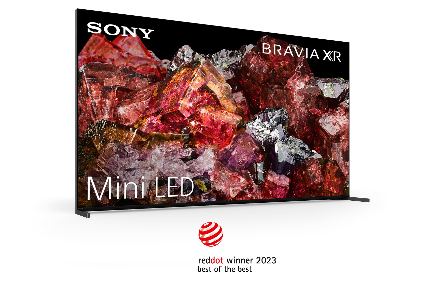 TV Sony Bravia XR. Arte abstracto rojo y negro en pantalla, logos Sony y Bravia XR.