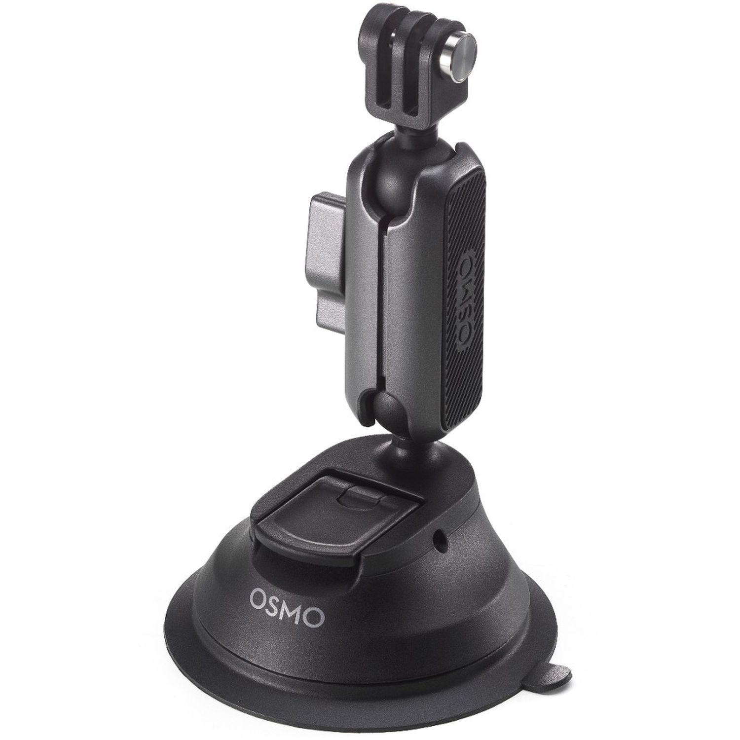 Black Osmo camera mount with suction cup base and adjustable arm.