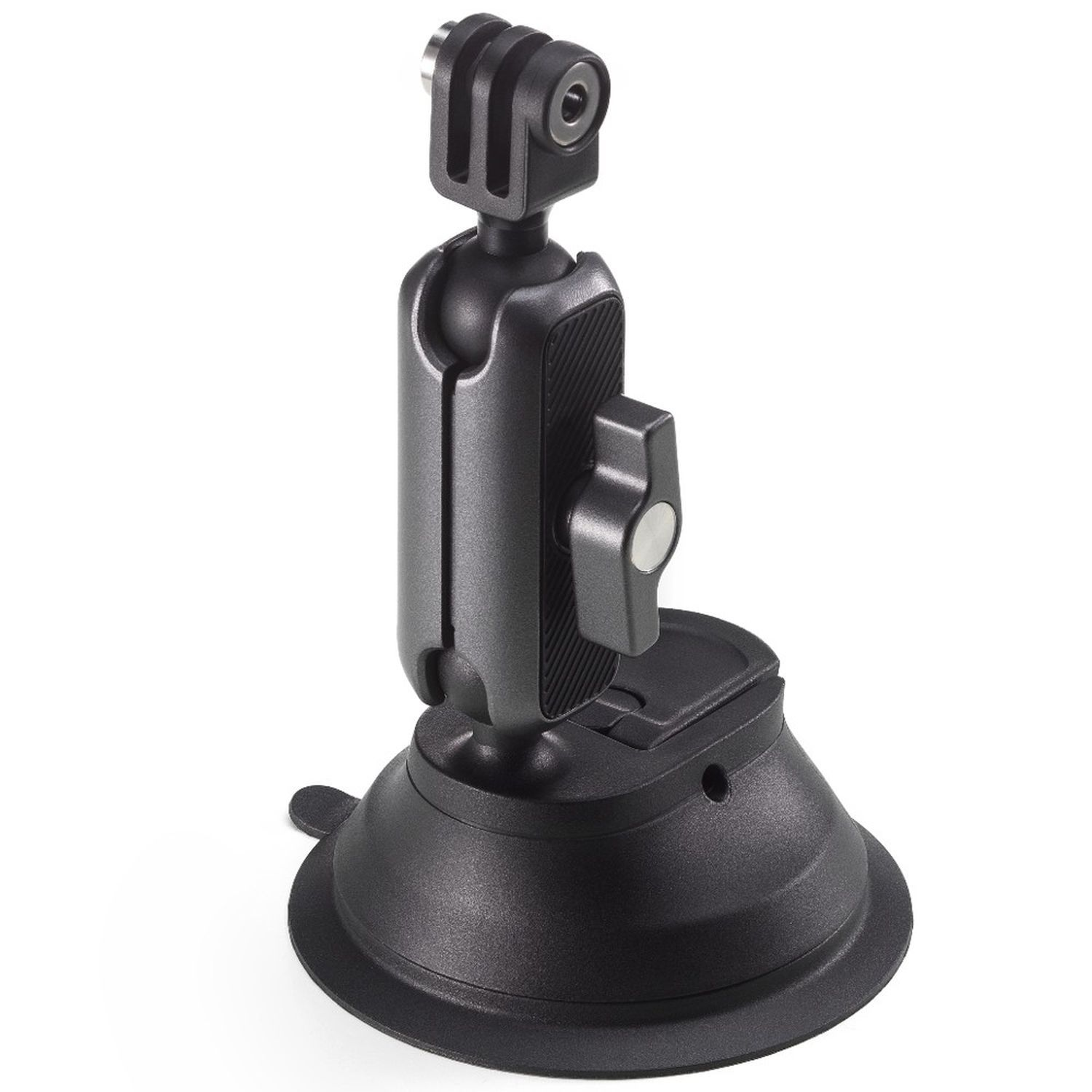 Black camera mount with a suction cup base and adjustable ball joint.