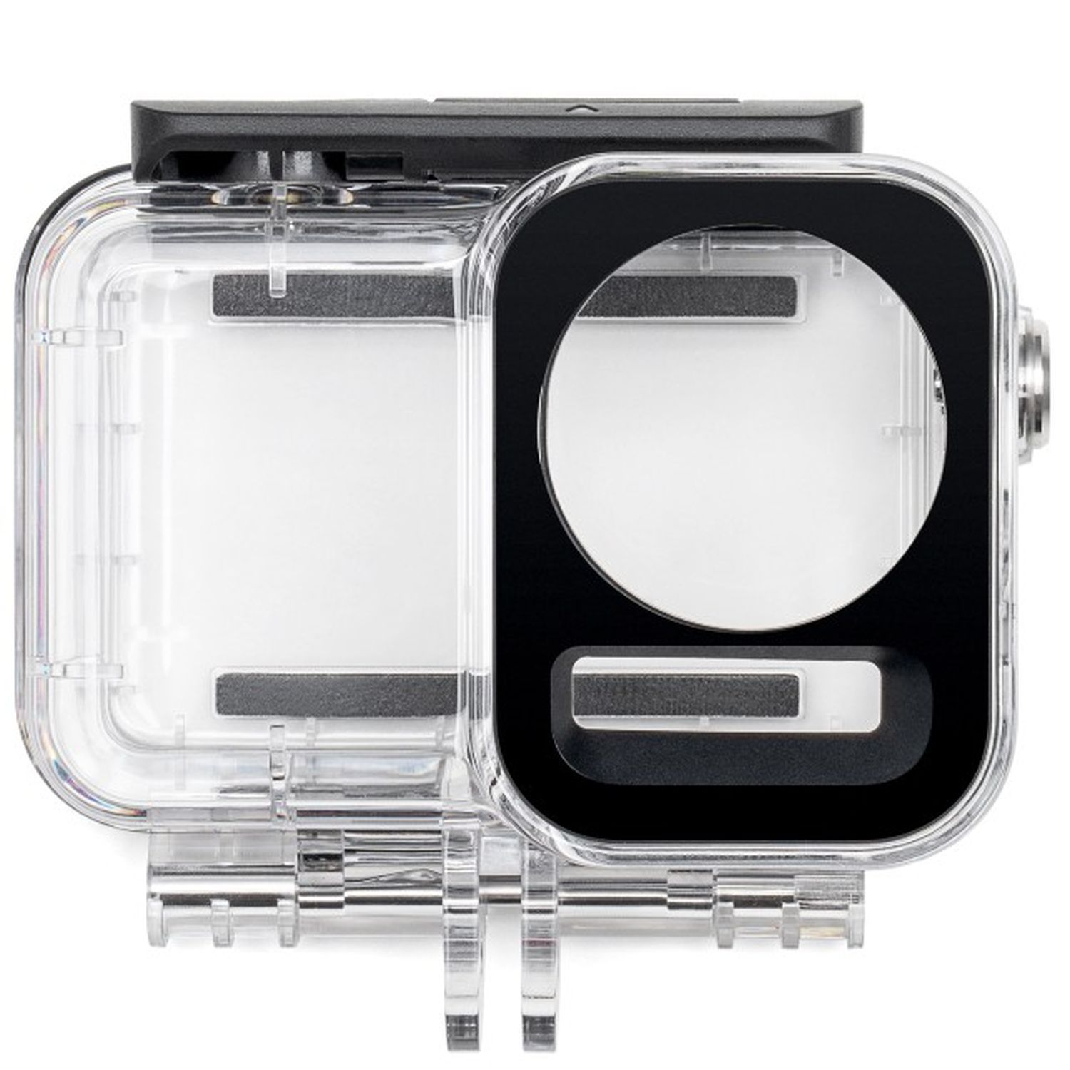 Clear waterproof camera housing with a black front, transparent body, and various mounting points.