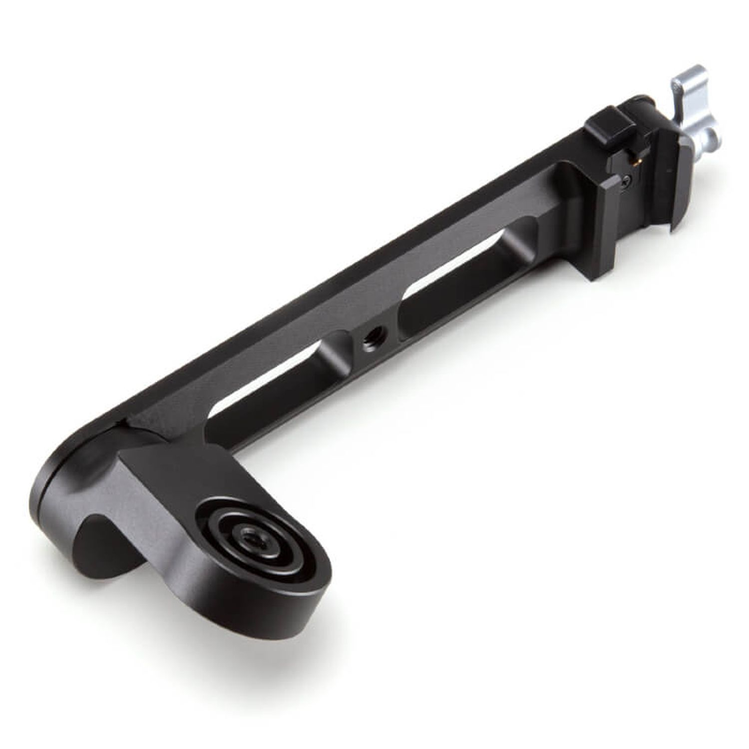 Black metal camera accessory, a mounting bracket, on a white background, angled view.
