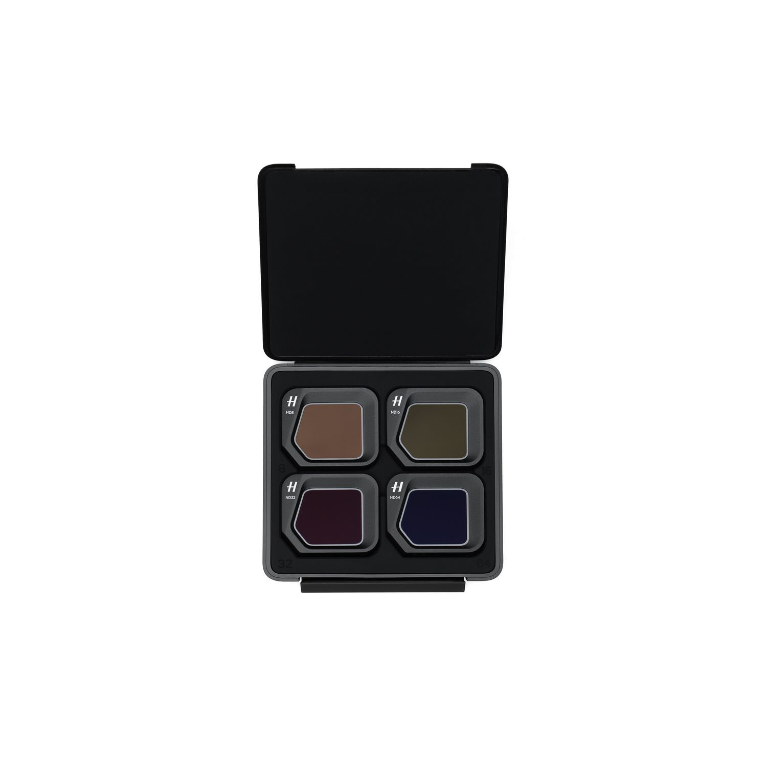 Case of square camera filters arranged in a black box.