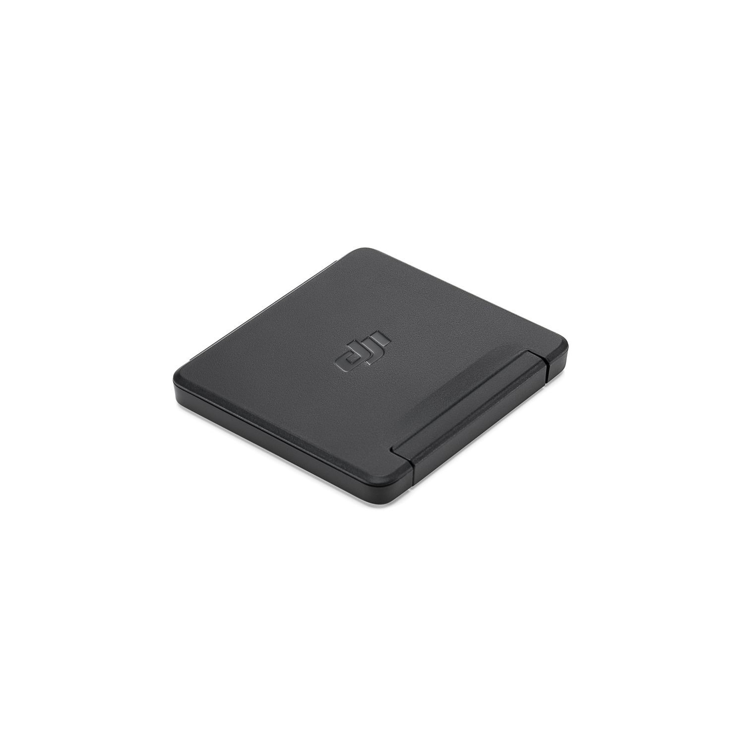 Black, rectangular device, possibly a drone accessory, on a white background.
