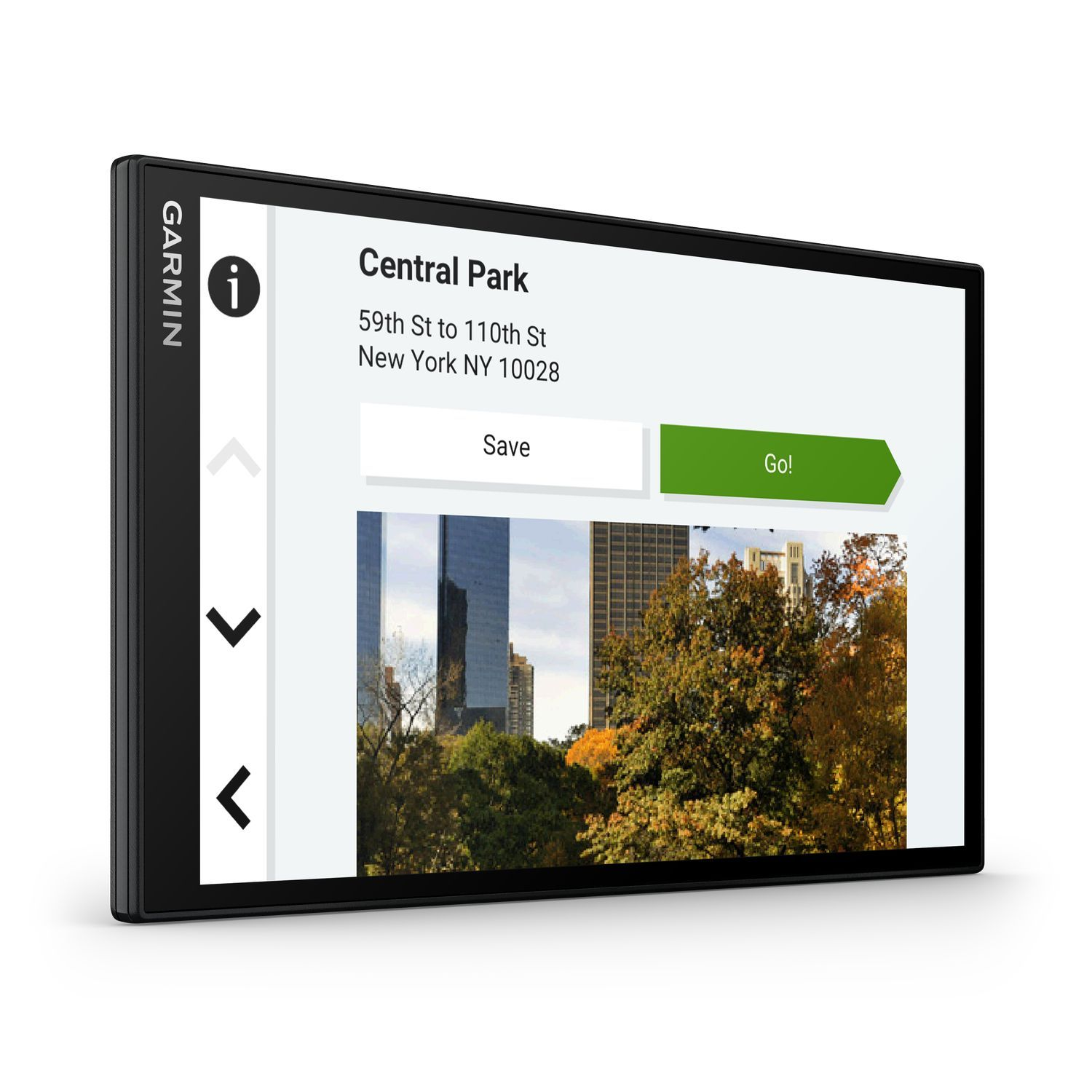 Garmin device showing Central Park information. The screen displays text and a photo.