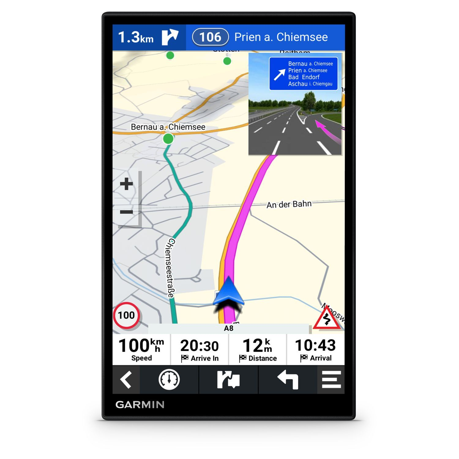 A GPS device displays a map with route directions. Speed and estimated arrival time are shown.