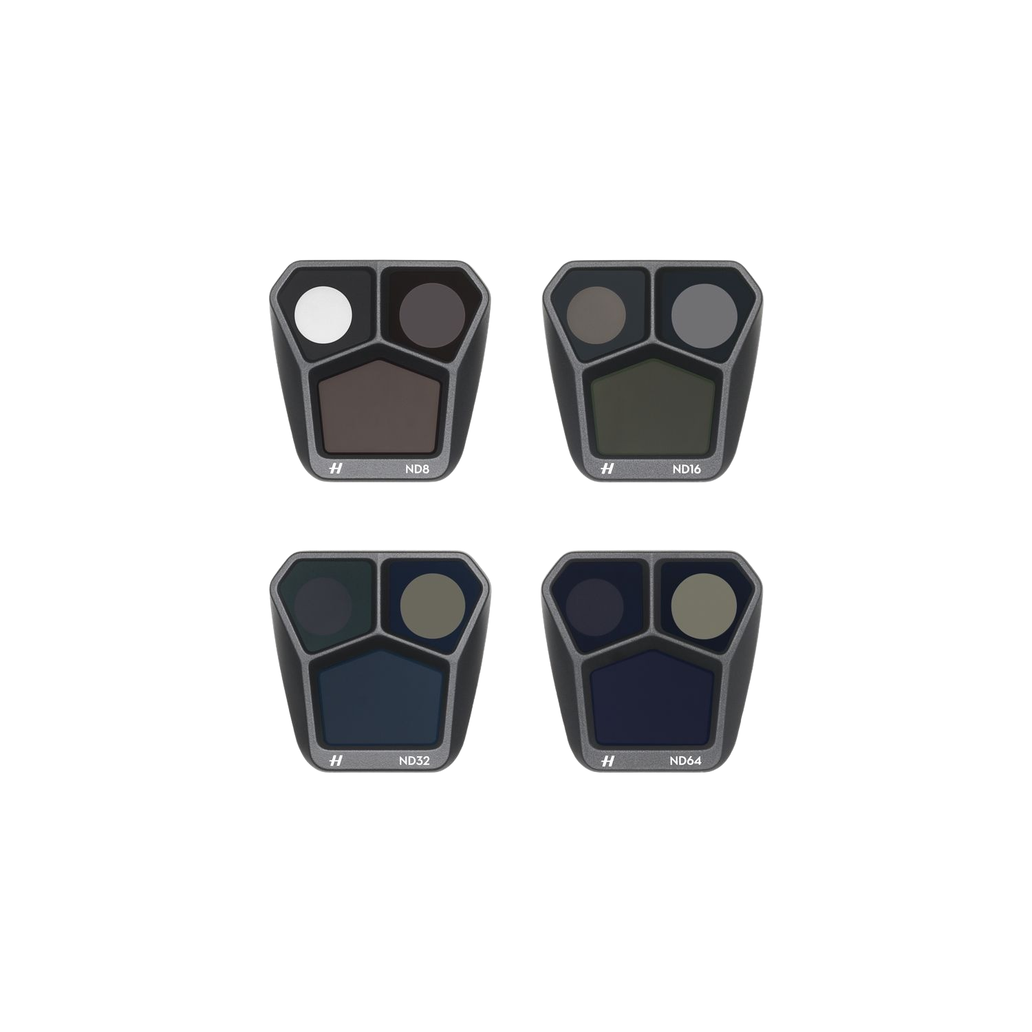 Set of four square filters with different grey shades, labeled ND8, ND16, ND32, and ND64.