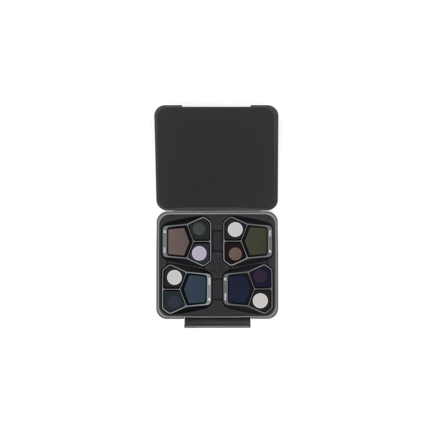 A case holding multiple camera lens filters in a top-down view.