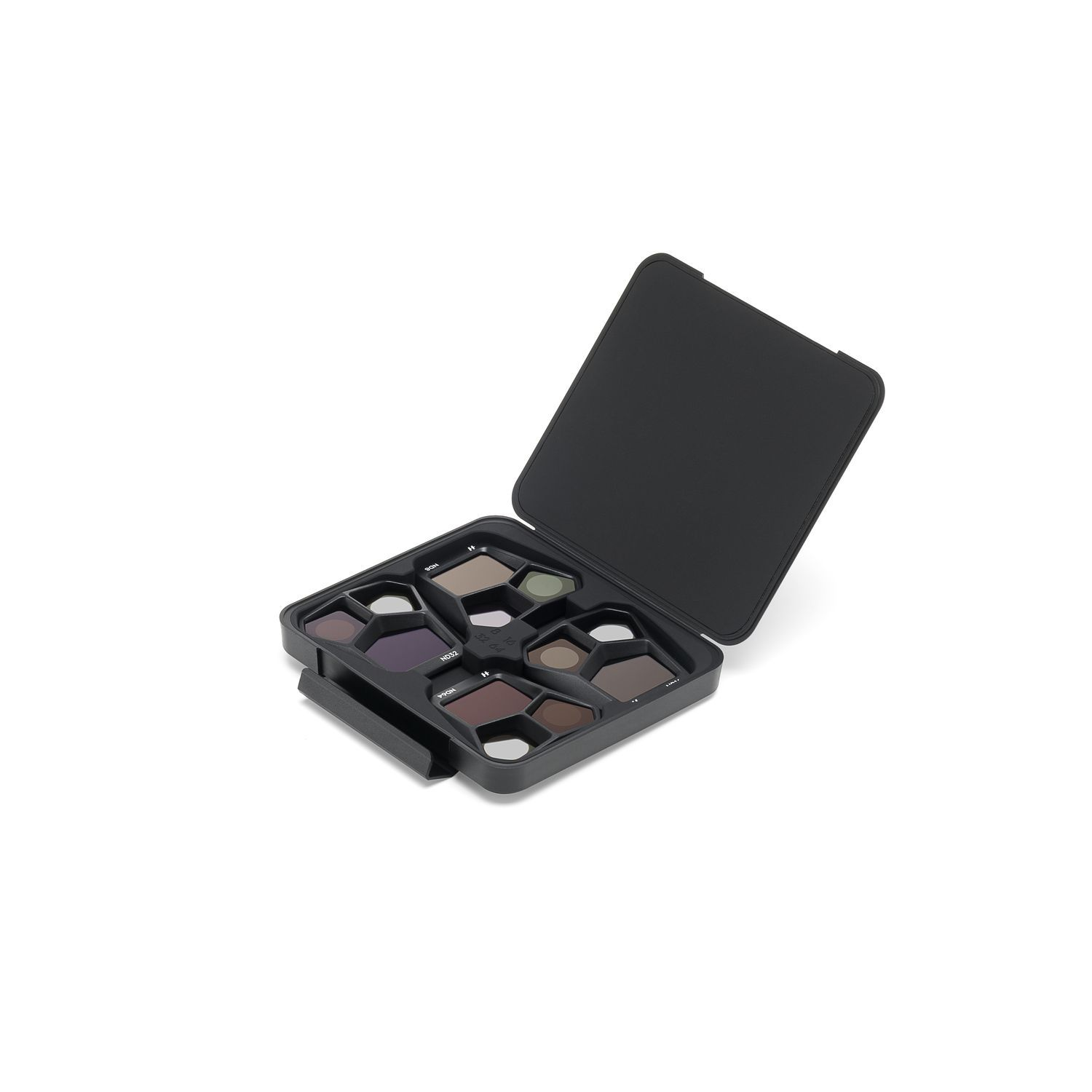 An open black case with several lens filters inside, arranged in a structured layout.