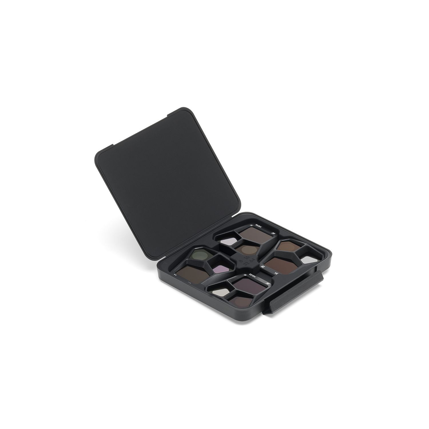 A black case with filters. The case is open showing different colored filters inside for a camera.