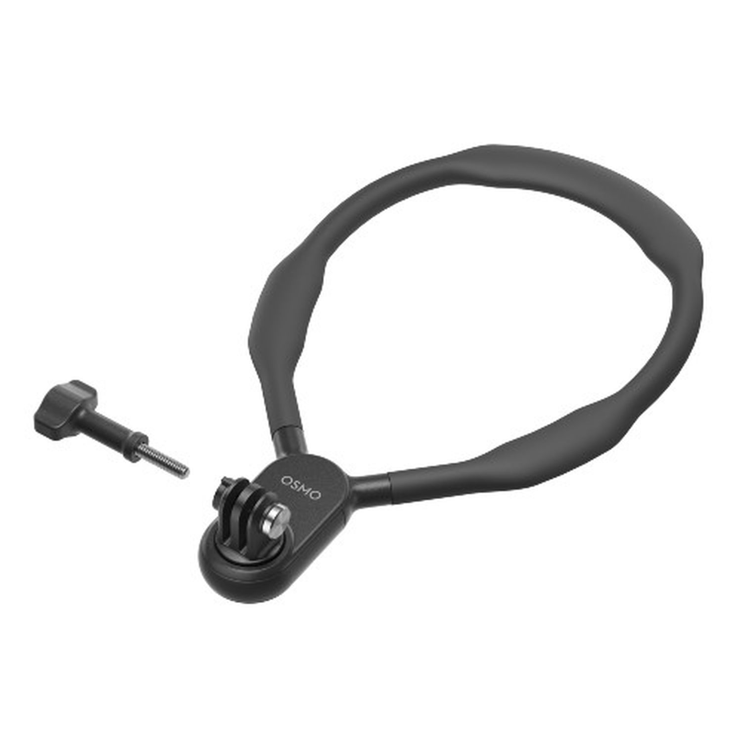 Black Osmo neck mount. Screw and mount. Black rubber neck brace, with camera mount.