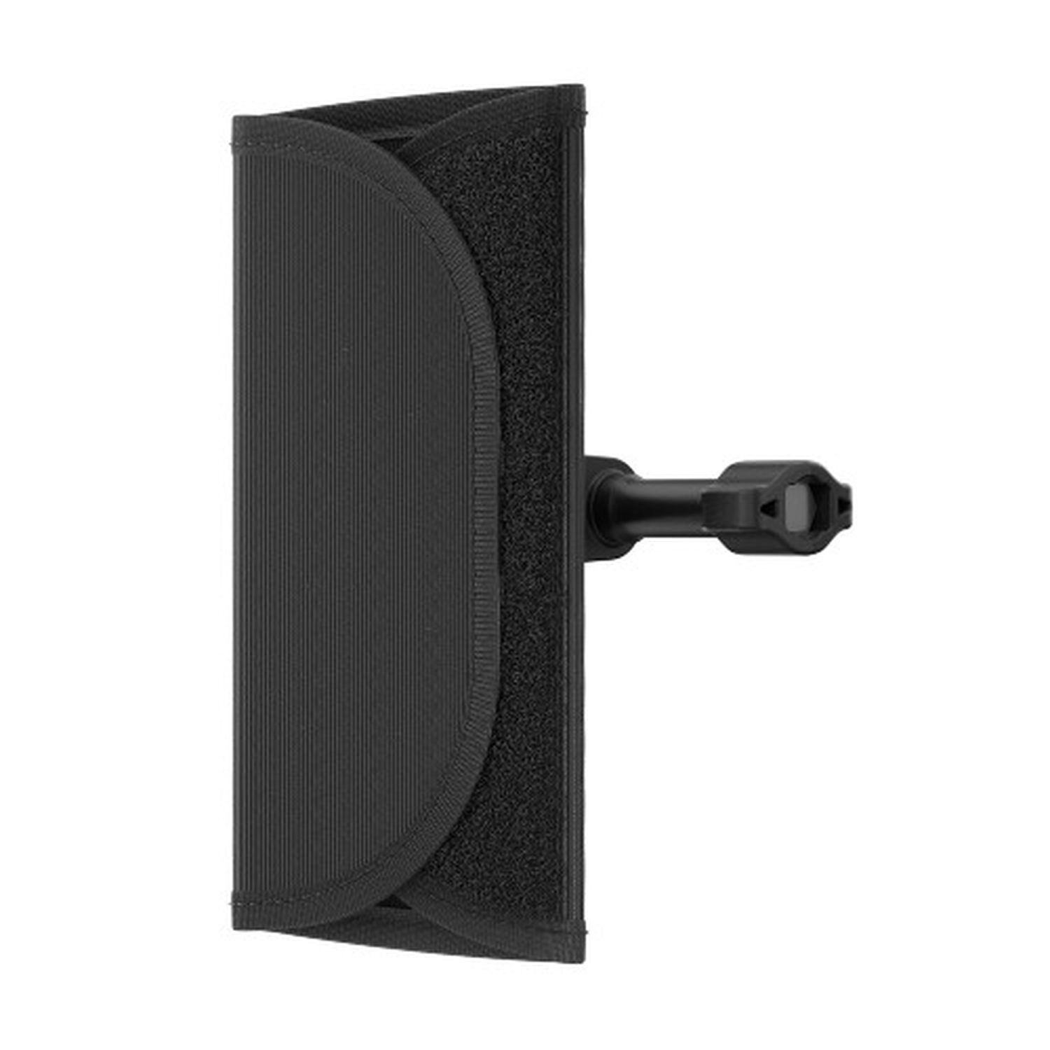 Black accessory with a curved, padded surface and a flexible mount.