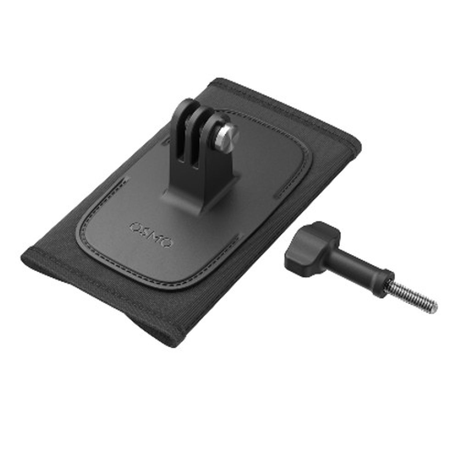 Black camera mount with an Osmo logo and a screw. For attaching to armbands.