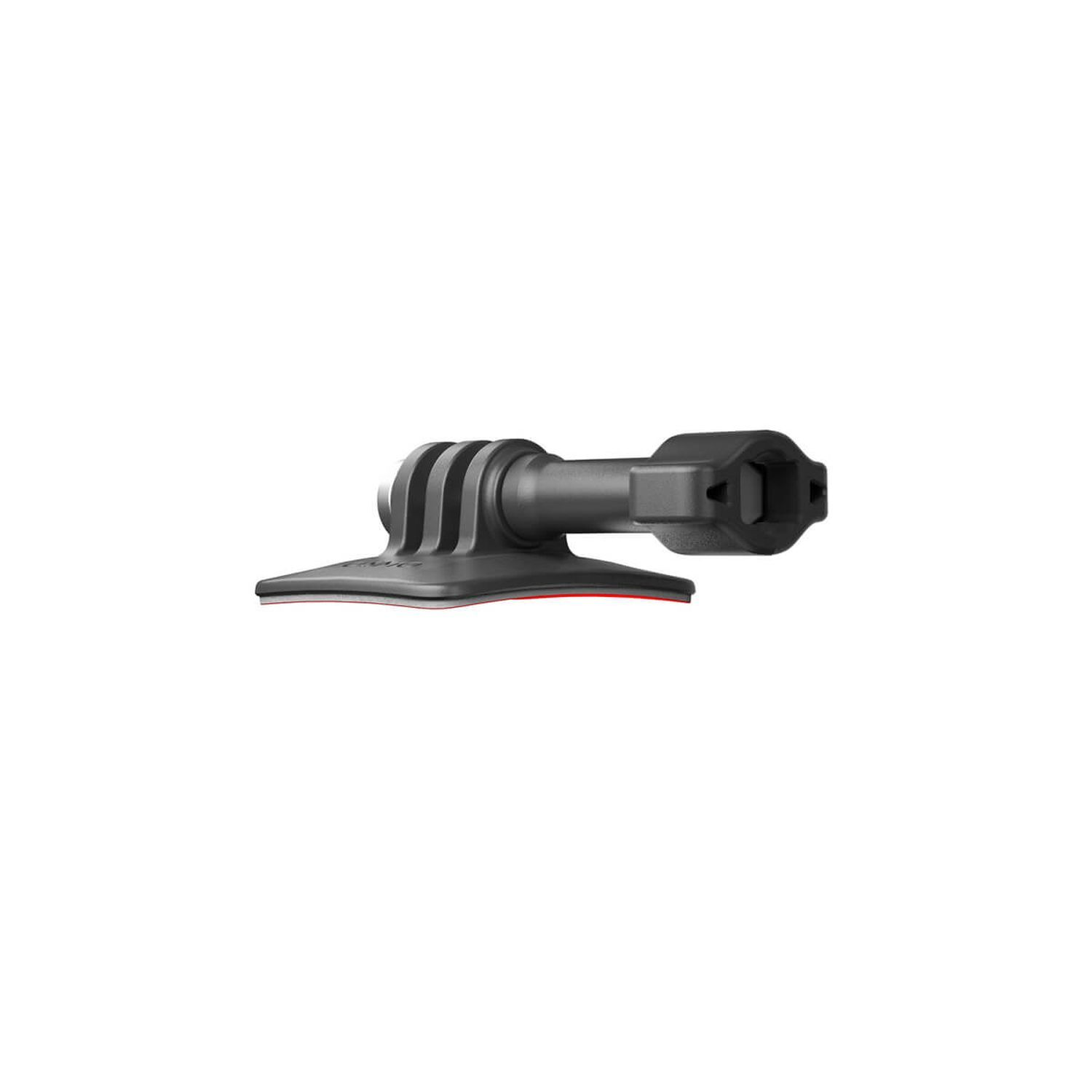 Black plastic action camera mount. It is mounted to a surface with a red adhesive base.