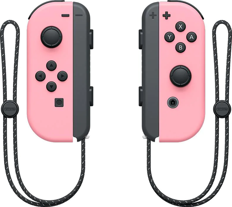 Controller Joy-Con Nintendo Switch rosa e grigi con cinturini neri.