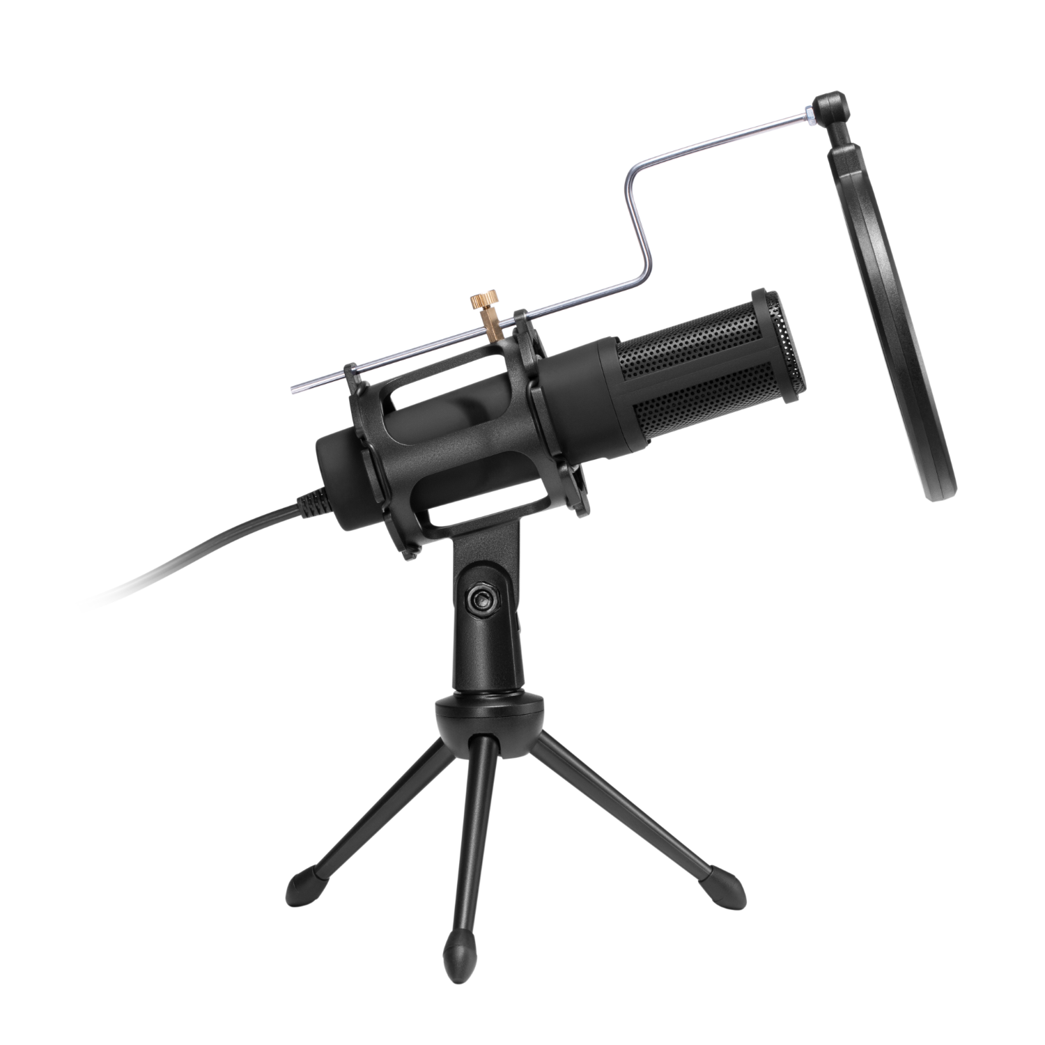 A black microphone with a pop filter on a tripod stand. The microphone is angled upwards.