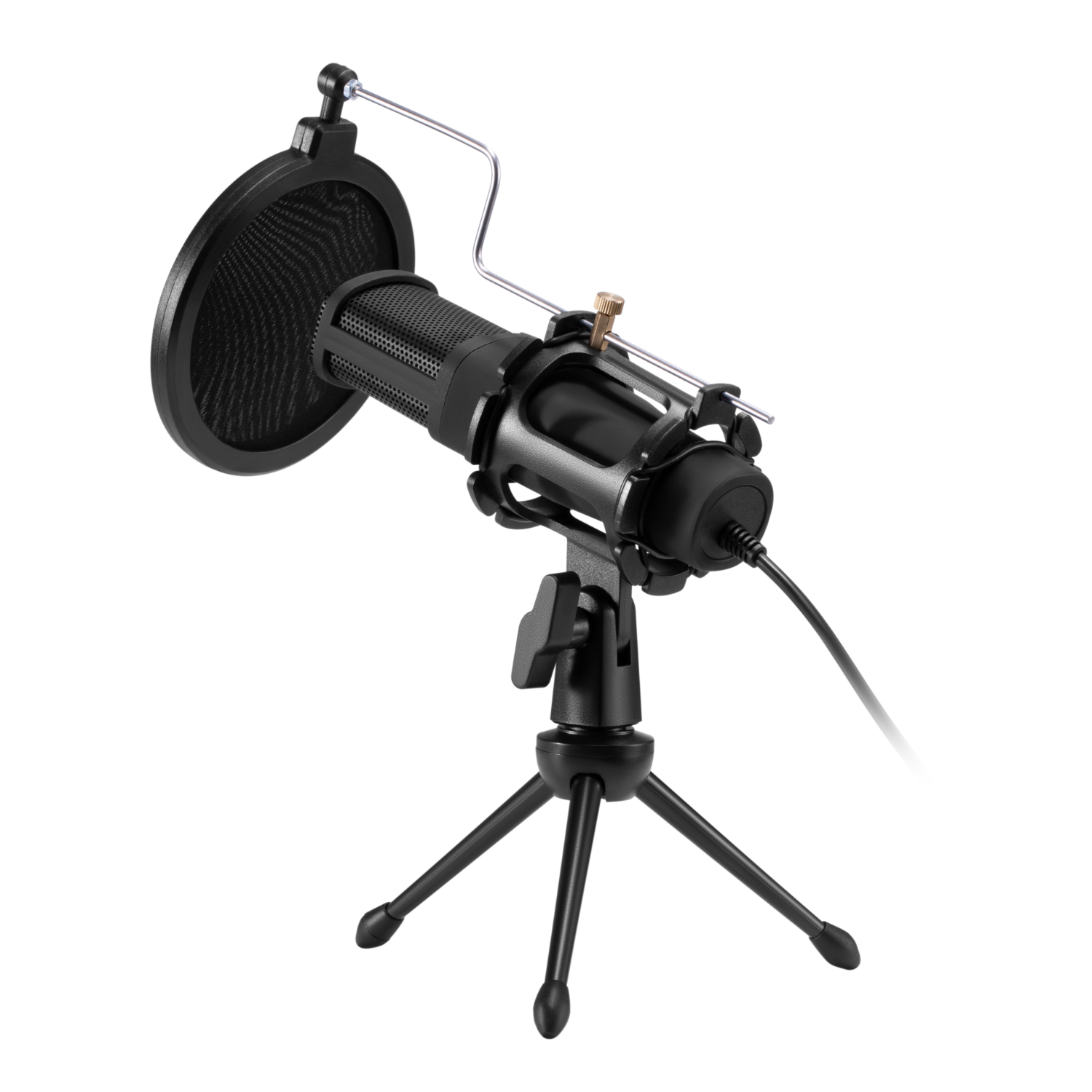 Black microphone with a pop filter on a tripod stand. The microphone and stand are in focus, white background.