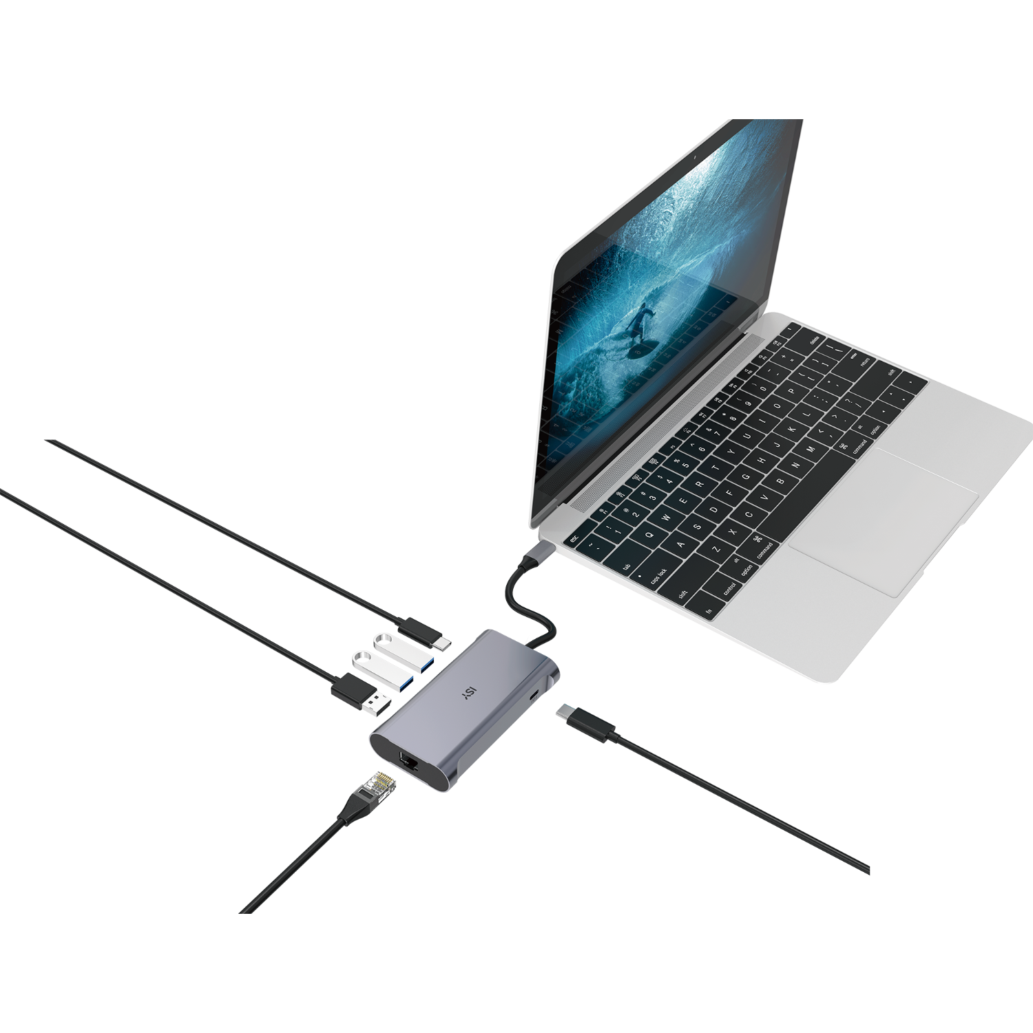 Laptop connected to a USB hub with multiple ports and cables.