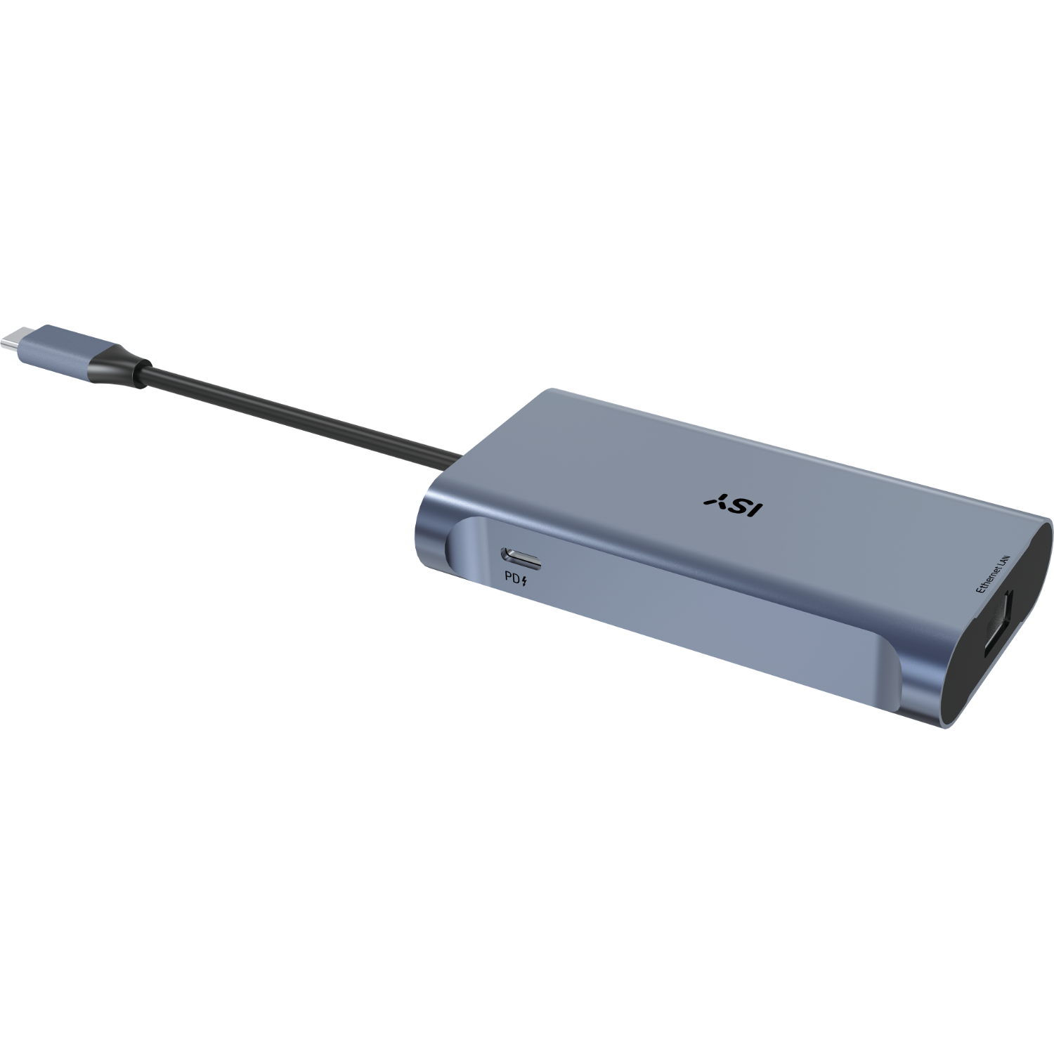 Blue-gray ASI USB-C hub with USB, PD, and Ethernet ports, black cable attached.