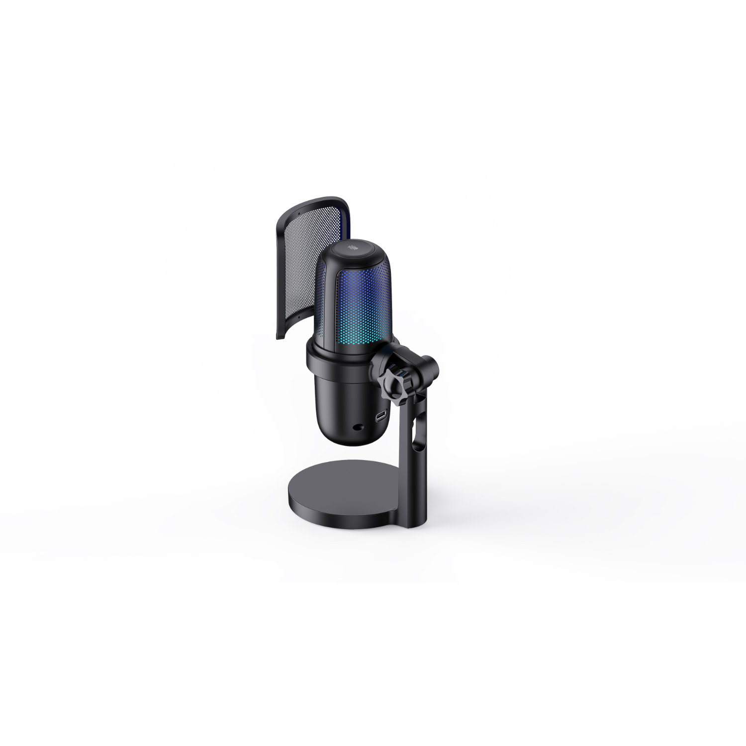 A black microphone on a stand with a pop filter.