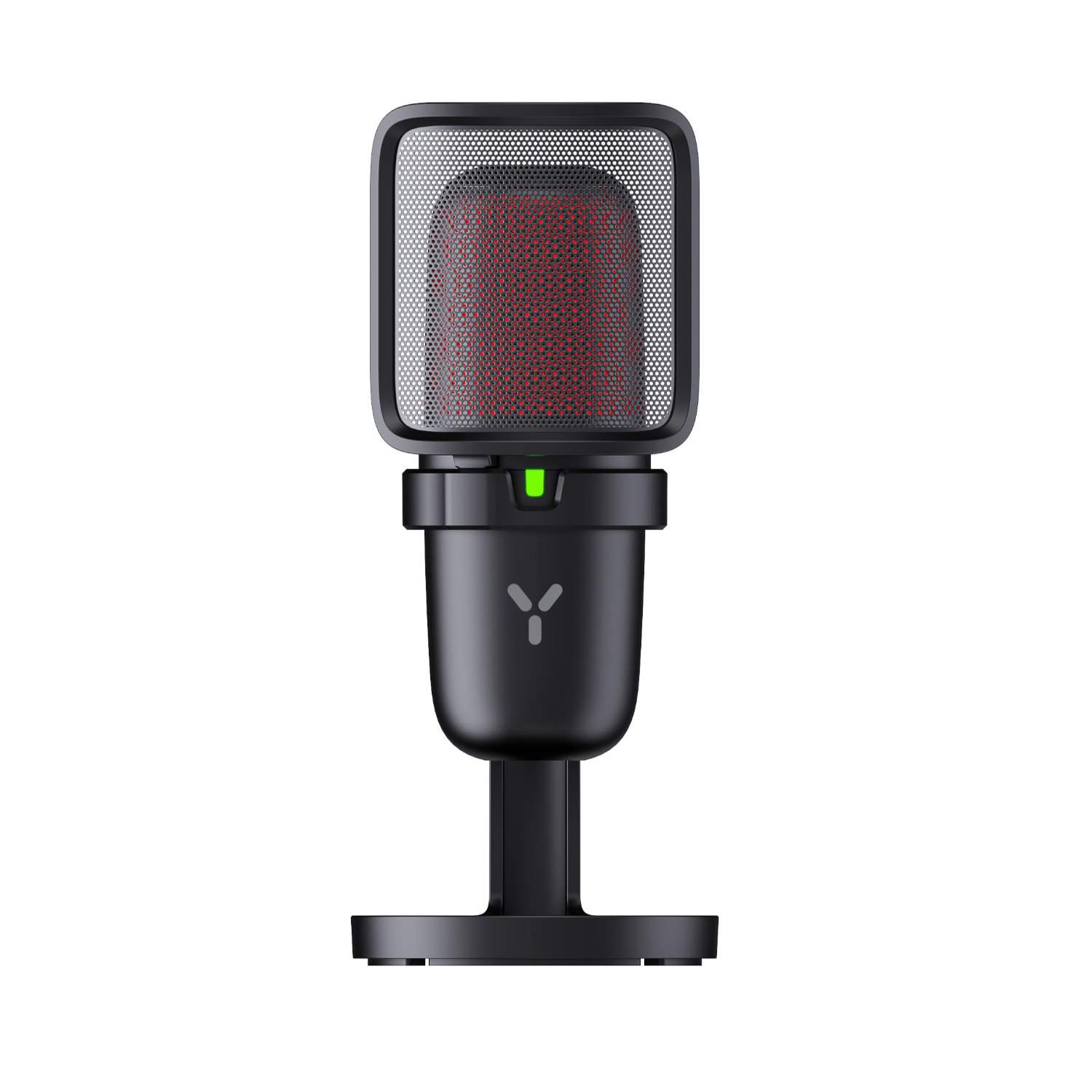 A black microphone with a red mesh and a green light.
