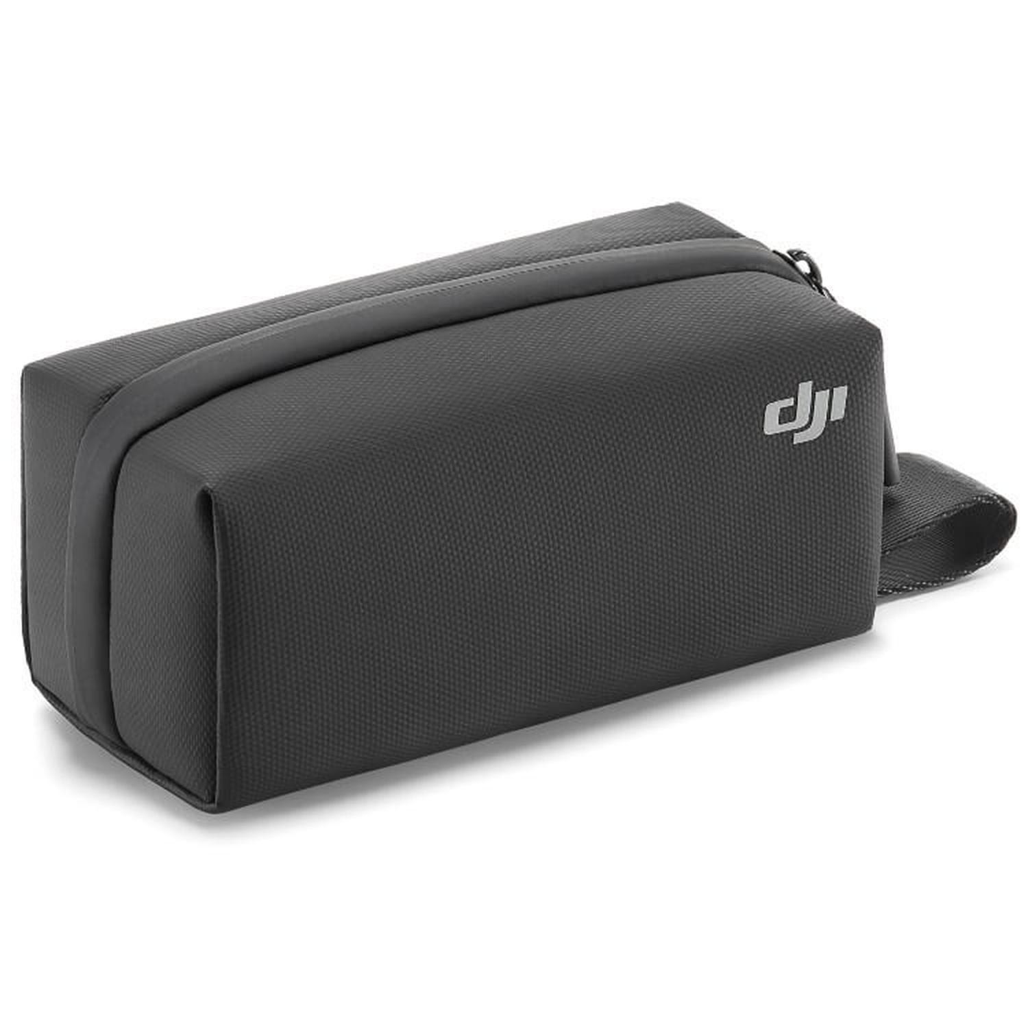 A black, rectangular drone carrying case with a logo and strap.